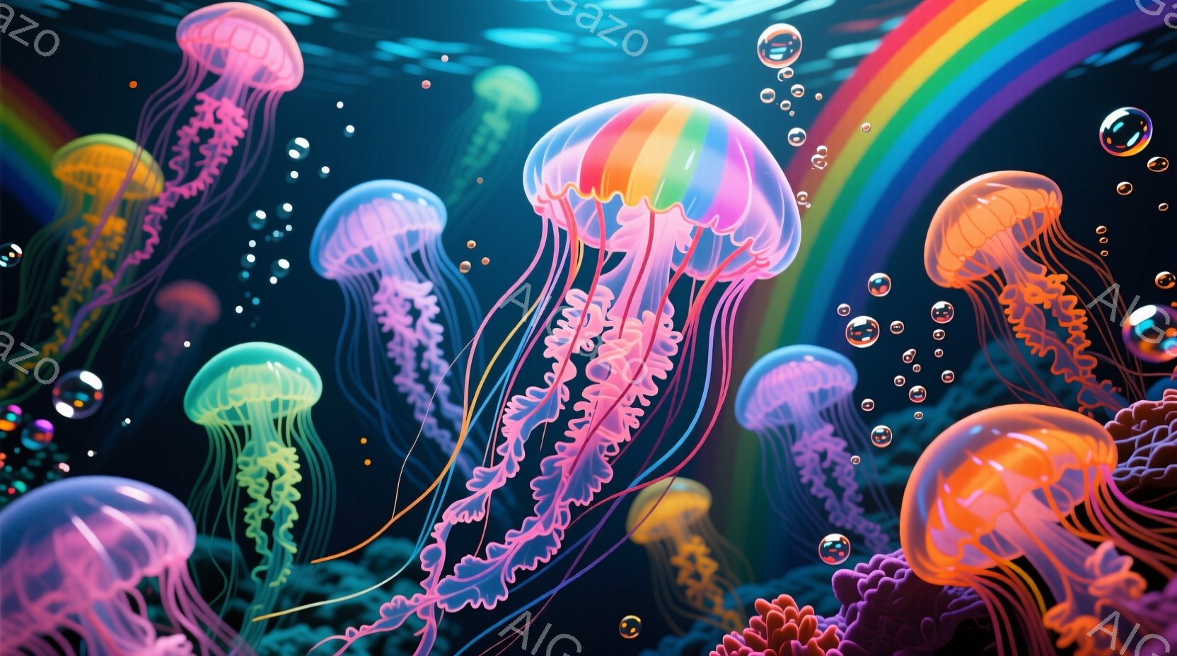 様々な色合いのクラゲが海中を漂う様子を描いています。鮮やかなピンク、オレンジ、緑、紫色のクラゲが、まるで光る宝石のように優雅に泳ぎ、水中に漂う泡と暗い海中の岩場が幻想的な雰囲気を醸し出しています。クラゲの触手は繊細に伸び、まるで踊っているかのように軽やかです。