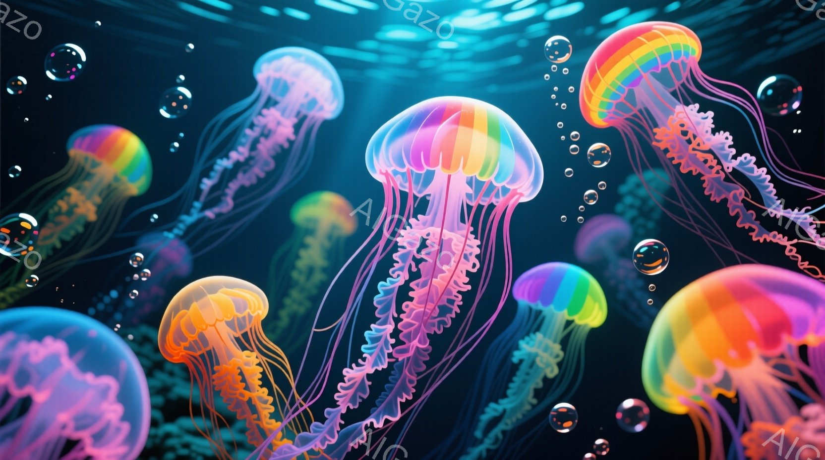 様々な色合いのクラゲが水中に漂っている様子が描かれています。鮮やかなオレンジ、ピンク、青、紫色のクラゲが、まるで光を放っているかのように輝き、幻想的な雰囲気を醸し出しています。背景は暗く、水中に漂う小 - AI生成フリー素材