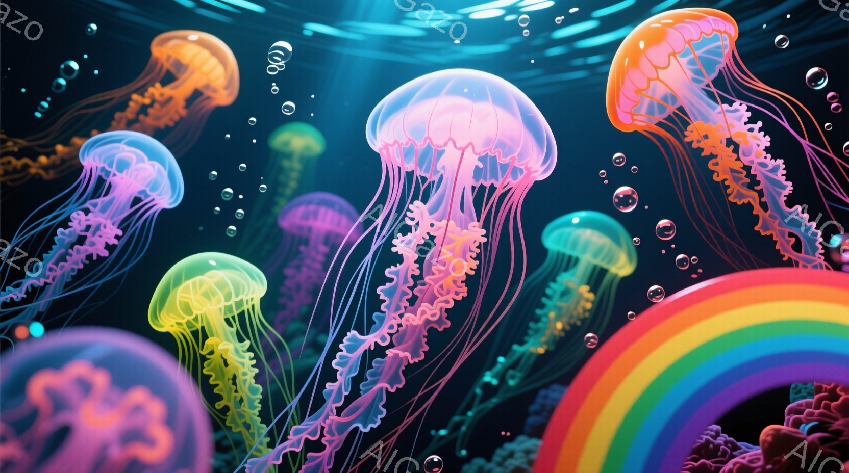 明るい色彩のクラゲが多数、深い青色の海中を漂っている。虹のようなアーチが右下にぼんやりと見え、海底にはカラフルな珊瑚礁が広がり、幻想的な雰囲気を醸し出している。クラゲはそれぞれ異なる色合いで、その半透 - AI生成フリー素材