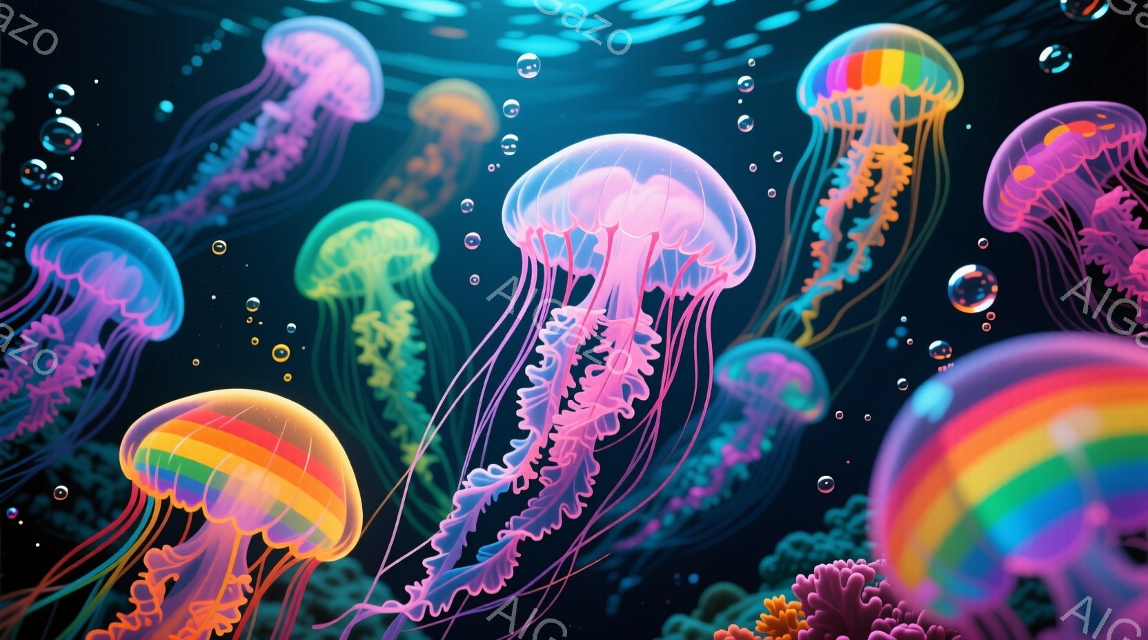 色とりどりのクラゲが暗い深い海の中で漂っている様子が描かれている。クラゲはピンク、オレンジ、緑、紫など鮮やかな色合いで、長い触手が優雅に広がっている。背景には、ぼんやりとしたサンゴ礁と多数の小さな泡が - AI生成フリー素材