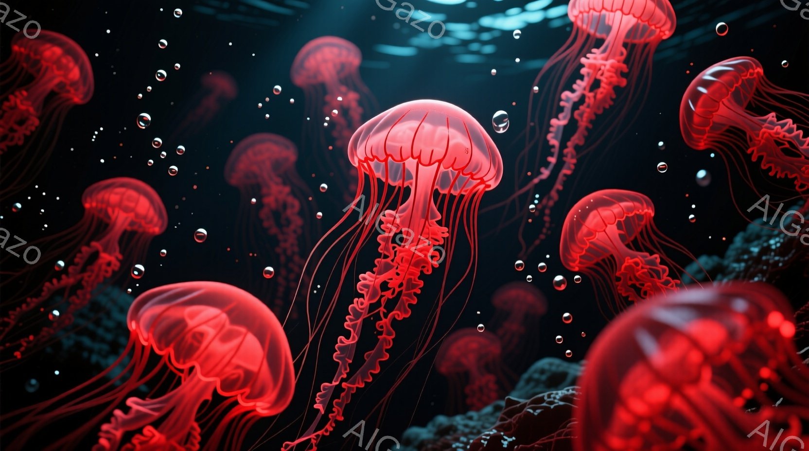 深い藍色の海中に、発光する赤いクラゲが多数漂っている。クラゲの体は半透明で、触手は複雑に絡み合い、まるで光の糸を引いているようだ。背景にはぼんやりとした水中の地形が見え、全体的に幻想的で神秘的な雰囲気を醸し出している。