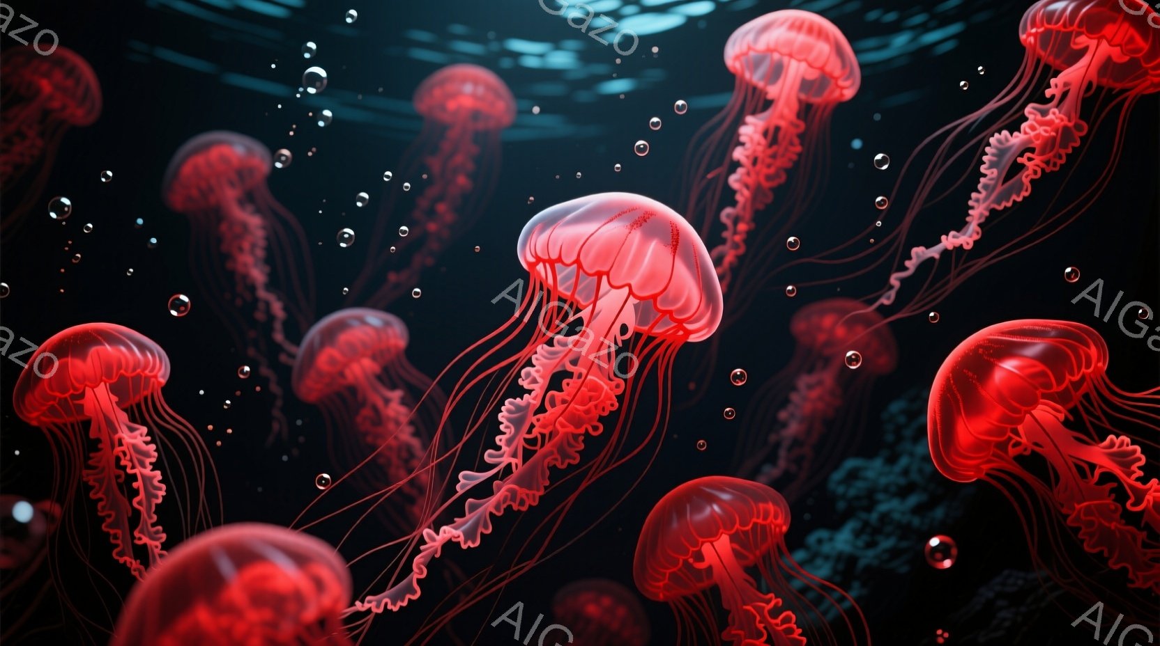 深い暗い海中に、鮮やかな赤色のクラゲが多数漂っている様子が描かれている。クラゲは半透明で、繊細な触手が長く伸び、まるで光の糸を引いているかのようだ。背景はさらに暗く、小さな光の粒子が散りばめられており - AI生成フリー素材