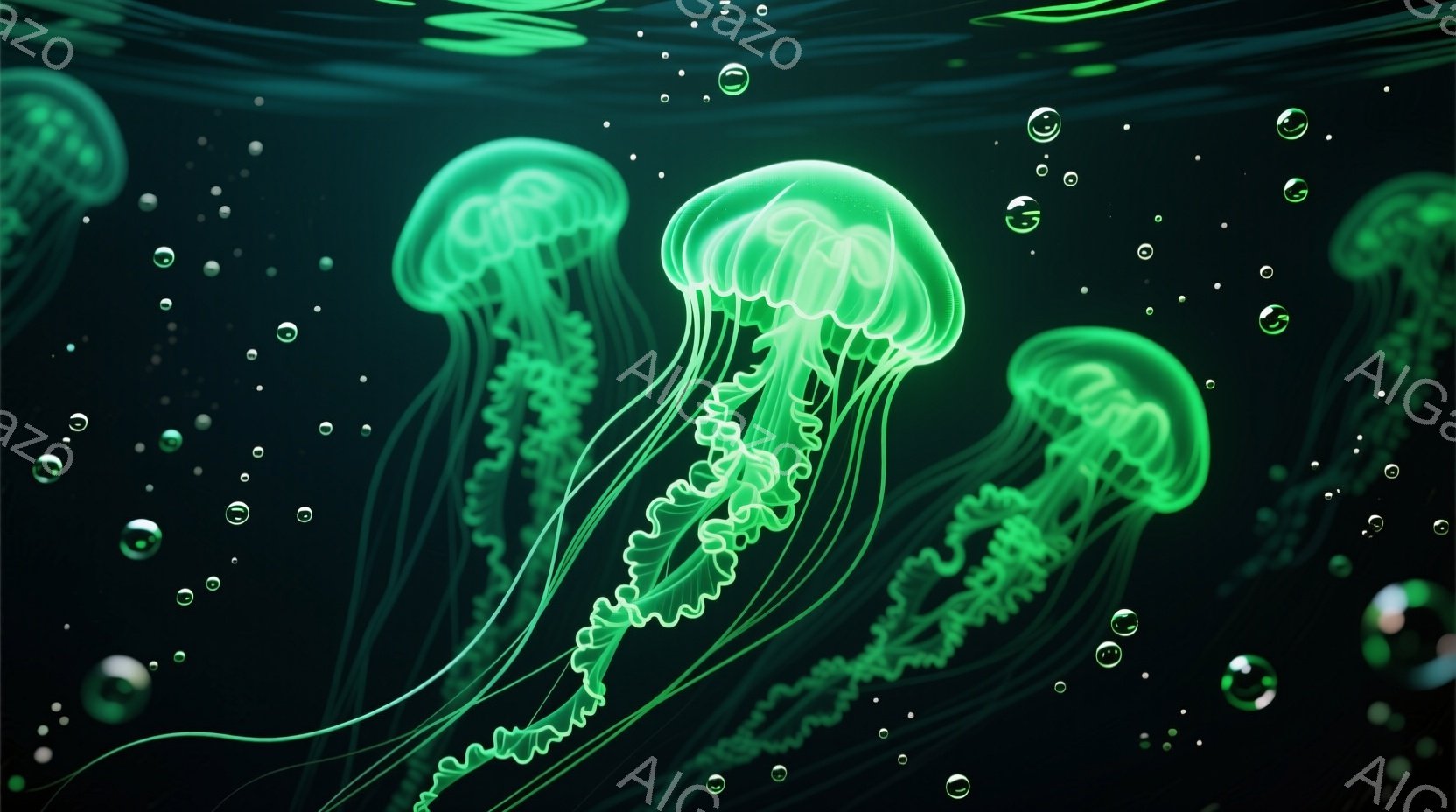 深い緑色の背景に、発光するクラゲが複数描かれています。クラゲは半透明で、繊細な触手が長く伸び、まるで水中を漂う幻想的な生き物のように見えます。小さな泡が散りばめられ、水中の静寂と神秘的な雰囲気を強調しています。