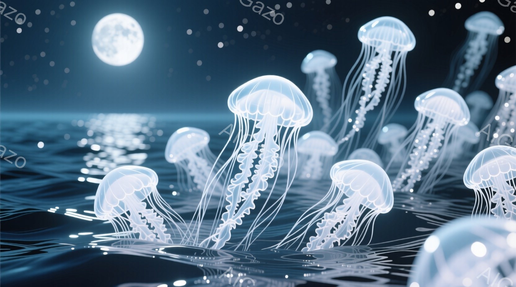 夜の海に、半透明で光るクラゲたちが漂っている。波面には月光が反射し、きらきらと輝き、クラゲの繊細なシルエットを際立たせている。全体的に幻想的で静謐な雰囲気が漂い、まるで夢の中にいるようだ。
