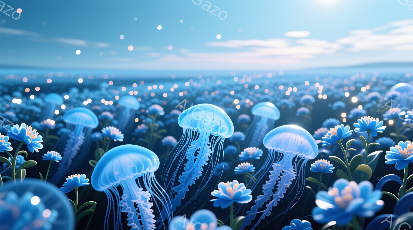 深い青色の花畑の中に、発光するクラゲのような物体が漂う幻想的な風景です。花々は鮮やかな青色で、細部まで緻密に描かれており、背景にはぼやけた光の粒子が散りばめられています。全体的に神秘的で夢幻的な雰囲気 - AI生成フリー素材