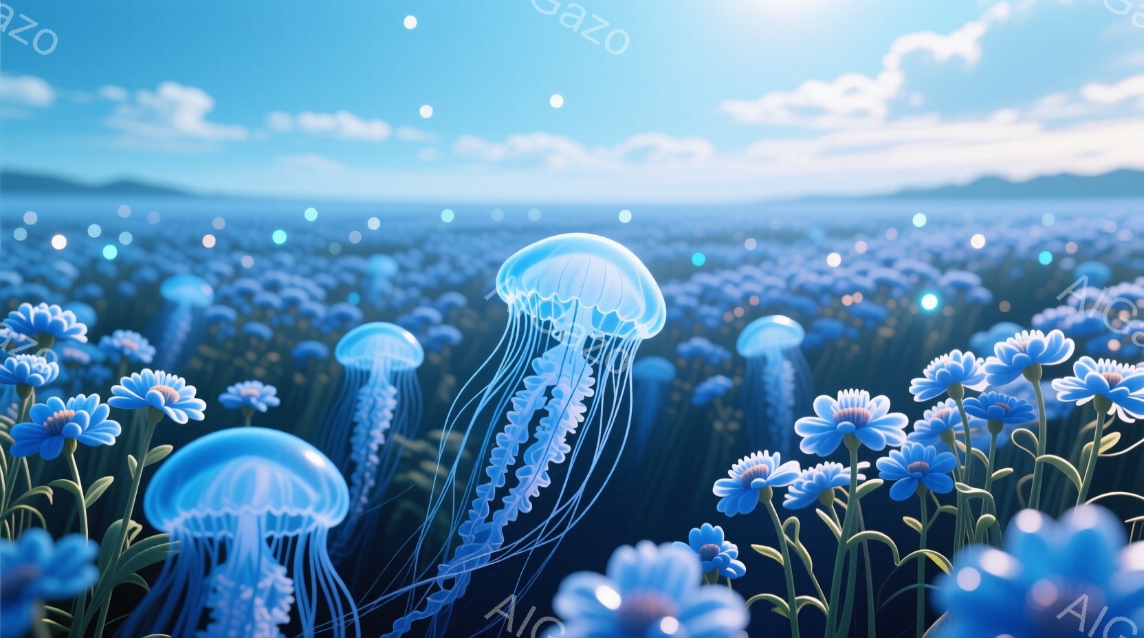 青い花畑の中に、発光するクラゲが浮遊している幻想的な光景が広がっている。クラゲは半透明で、触手は細く長く、花の間を優雅に漂っている。遠景にはぼんやりとした山々が確認でき、空には柔らかい光が差し込み、穏やかで神秘的な雰囲気を醸し出している。
