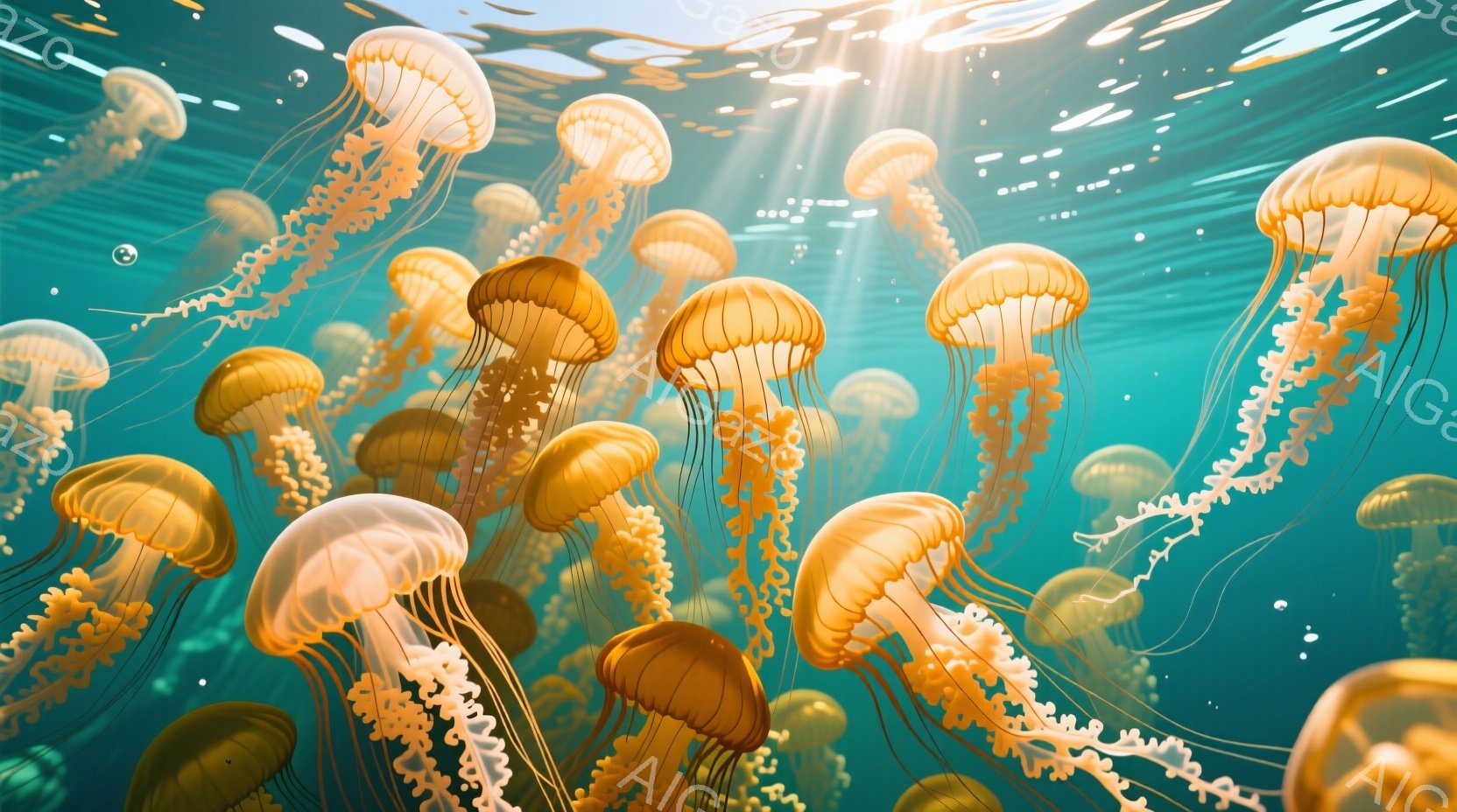 多数のクラゲが青緑色の海中を漂っている様子が描かれている。クラゲはオレンジ色や淡い黄色をしており、光が差し込むことで透明感と立体感が際立つ。背景には太陽光が水面から差し込み、水中のきらめきと幻想的な雰囲気を醸し出している。