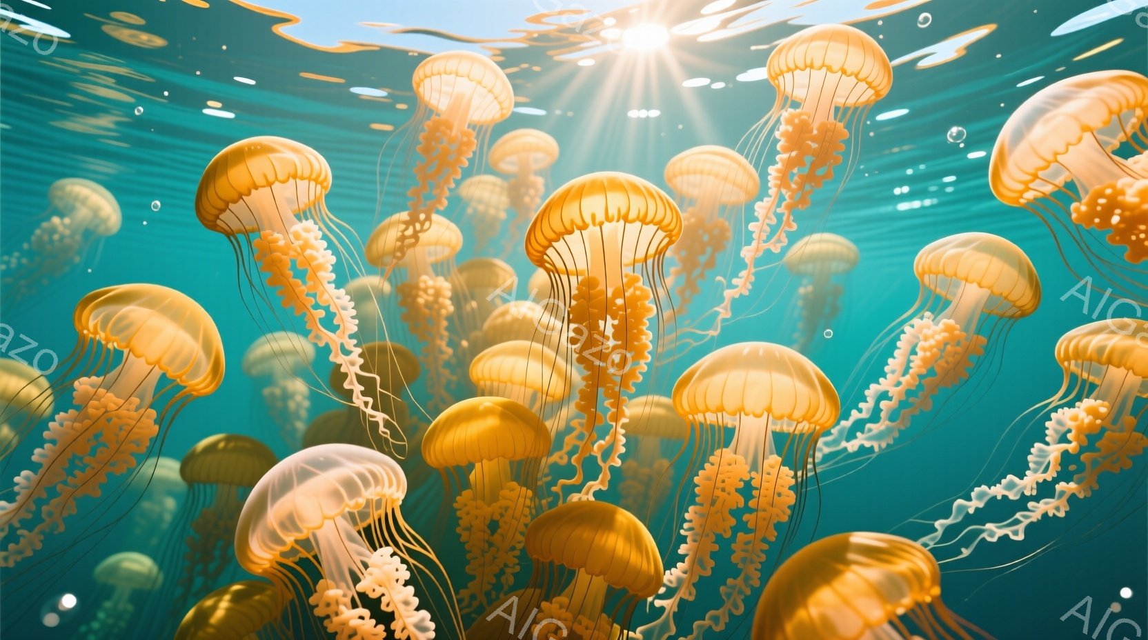 深いターコイズブルーの水中に、多数のクラゲが漂っている様子が描かれている。クラゲはオレンジ色や薄い黄色をしており、長い触手がゆらゆらと揺れている。水面からは光が差し込み、幻想的な雰囲気を作り出している。
