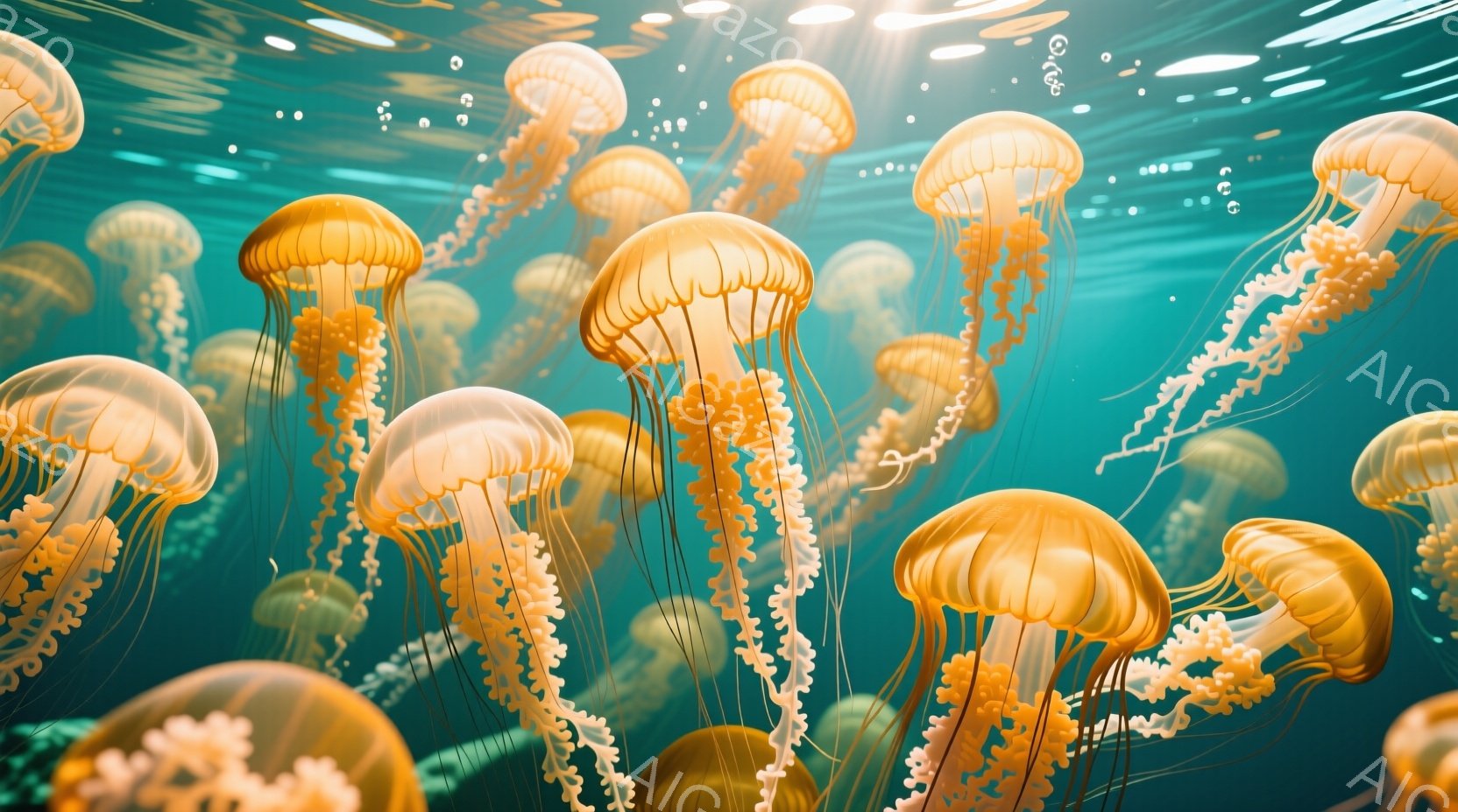 鮮やかなターコイズブルーの水中には、多数のオレンジ色をしたクラゲが漂っている。クラゲたちは、繊細な触手を長く伸ばし、まるで水中を舞う花のように優雅な姿を見せている。光が水面から差し込み、クラゲを照らし出し、幻想的で穏やかな雰囲気を醸し出している。