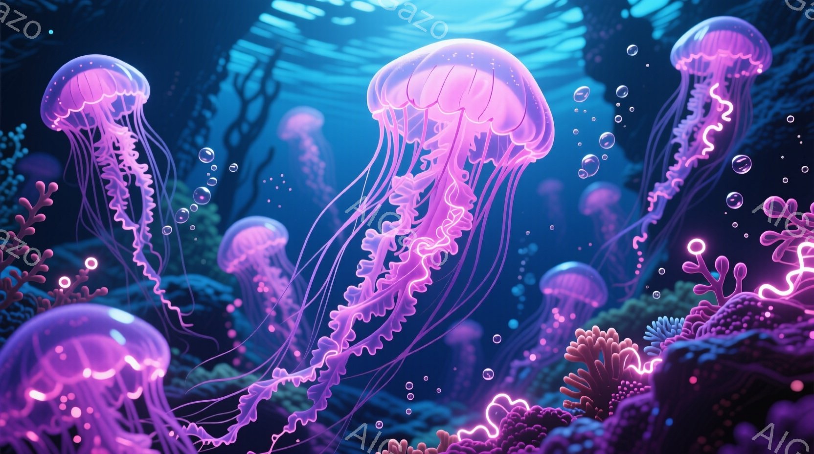 鮮やかなピンク色のクラゲが、深い青色の海中に漂っている様子が描かれています。クラゲの触手は複雑に絡み合い、光を反射して幻想的な雰囲気を醸し出しています。背景には、サンゴ礁や水草が生い茂り、水中に漂う小さな泡がアクセントとなっています。