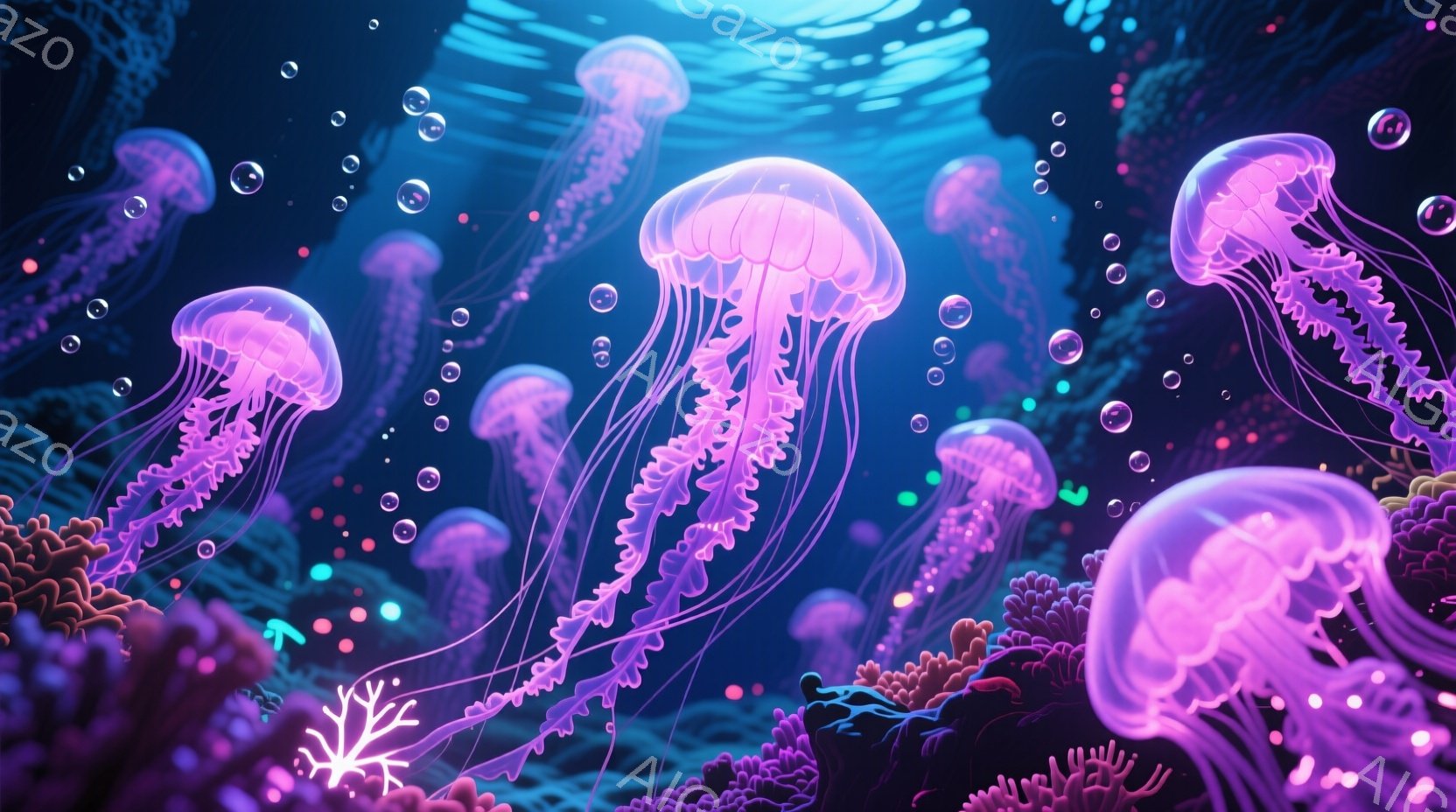 鮮やかなピンク色のクラゲが多数、深い青い海中に漂っている様子が描かれています。クラゲは半透明で、繊細な触手が長く伸びており、まるで水中を舞う妖精のようです。背景には、サンゴ礁が広がり、光が差し込み、幻想的で美しい雰囲気を醸し出しています。