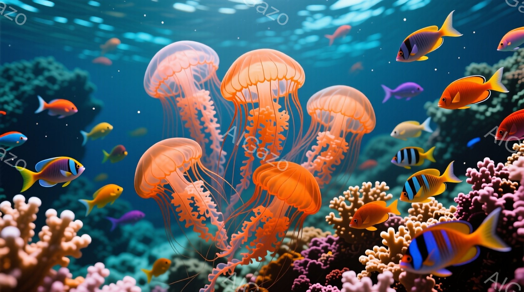 鮮やかなオレンジ色のクラゲが、ねじれた触手でゆらゆらと漂い、水中に幻想的な光景を作り出しています。背景には、色とりどりのサンゴ礁が広がり、さまざまな種類の熱帯魚が活発に泳ぎ回っています。全体的に、暖かく、穏やかで、生命力にあふれた海の雰囲気を感じさせます。