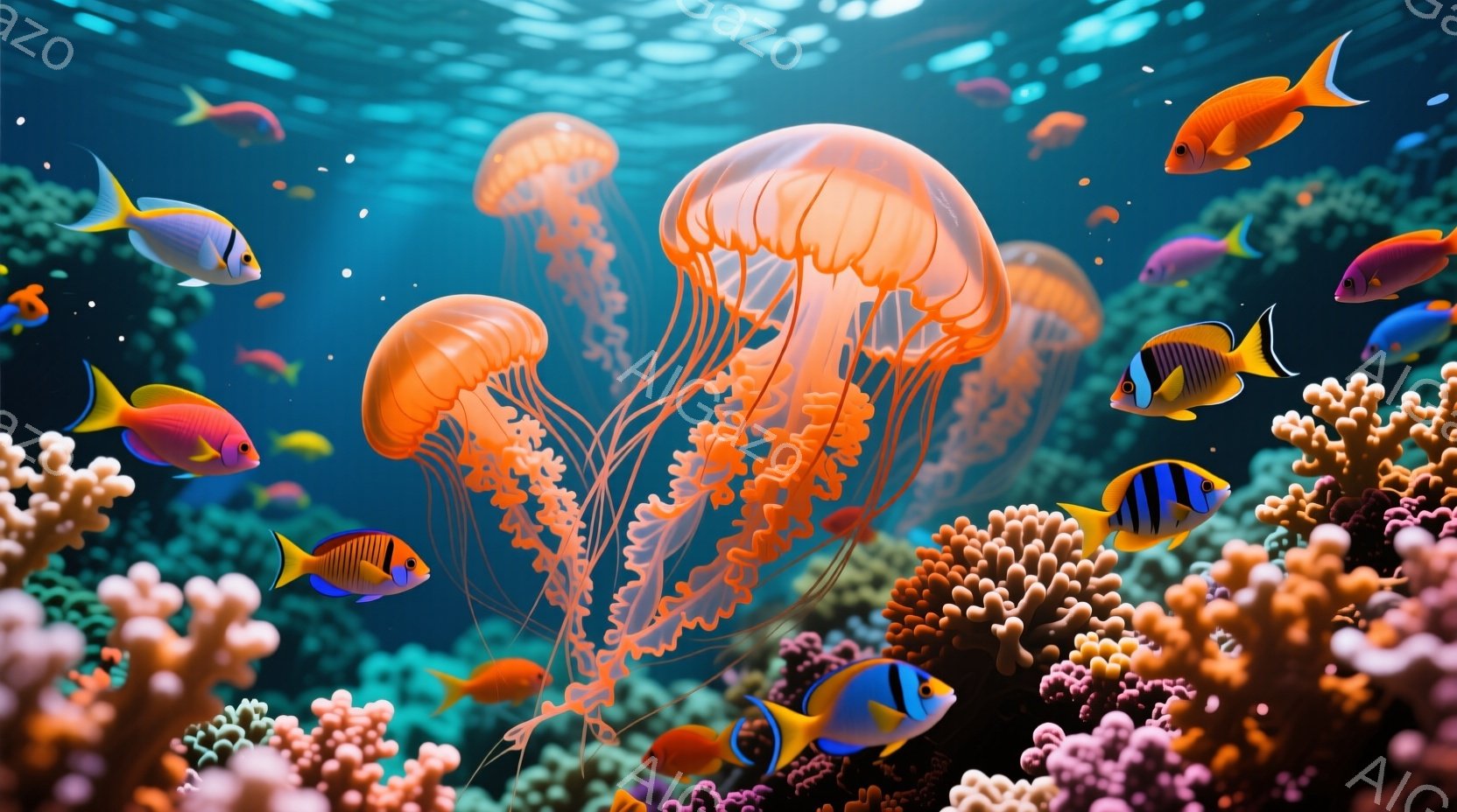 鮮やかな熱帯魚とクラゲが、珊瑚礁の中で活発に泳いでいる様子が描かれています。オレンジ色や青色、黄色などのカラフルな魚たちが、複雑な形の珊瑚の間を縫うように動き、まるで水中庭園のような美しい光景です。光 - AI生成フリー素材