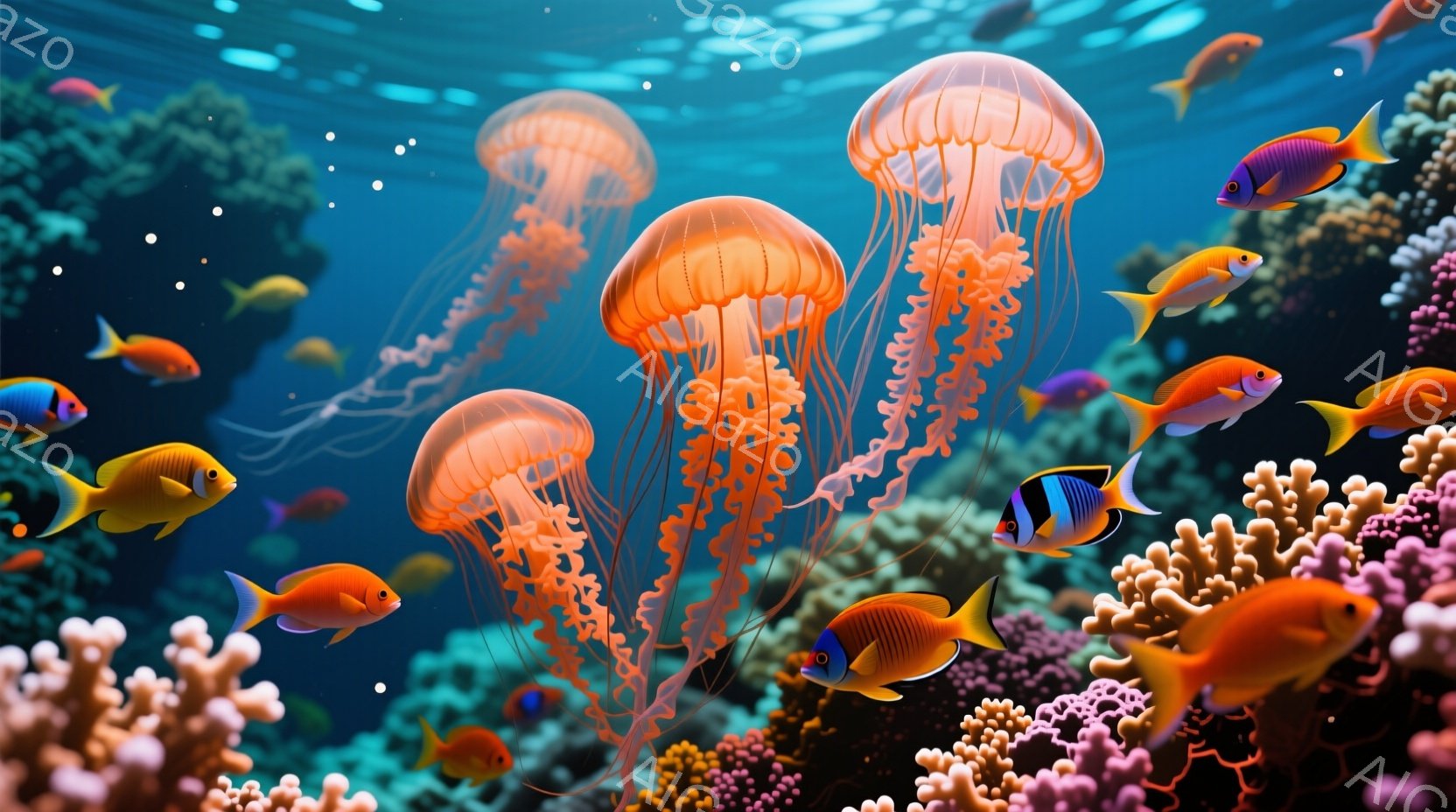 カラフルな熱帯魚と、鮮やかなオレンジ色のクラゲが、珊瑚礁の中で優雅に泳いでいる様子が描かれている。背景には、ピンクやオレンジ色の珊瑚が密集しており、太陽の光が水面から差し込み、幻想的な雰囲気を醸し出している。全体的に、暖かく、活気のある、海の生態系の美しさを表現している。