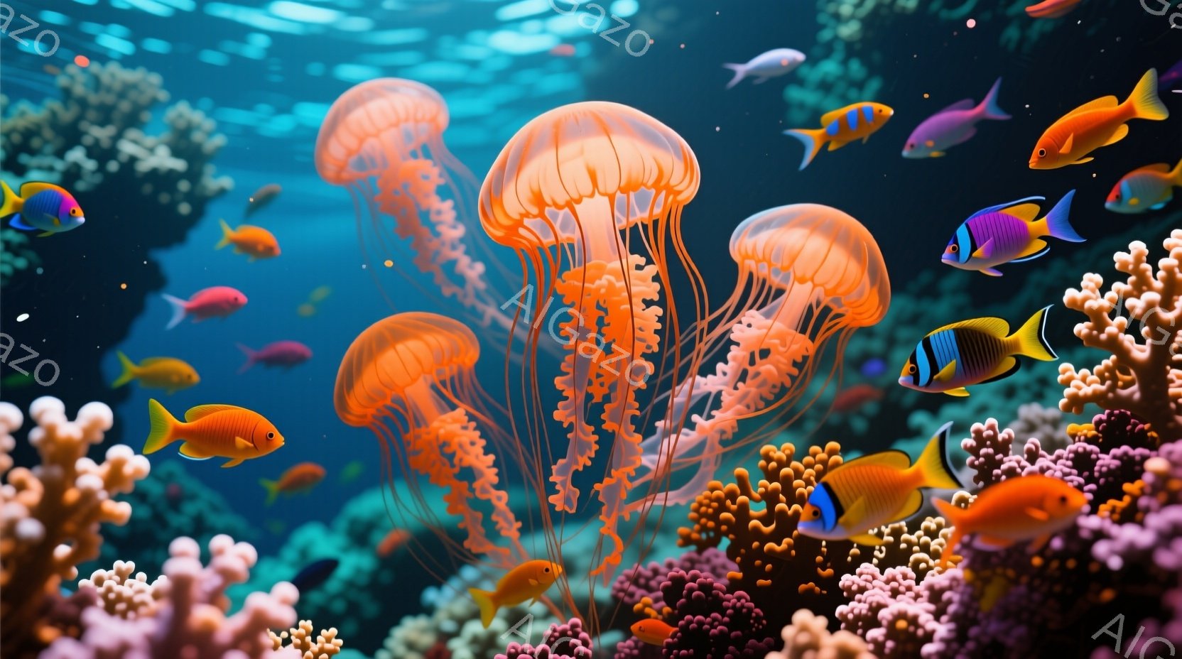 鮮やかなオレンジ色のクラゲが、ピンクや紫色のサンゴ礁が広がる海中を漂っている。様々な色の小さな熱帯魚がクラゲやサンゴの間を泳ぎ回り、生命力溢れる様子が描かれている。光が差し込み、神秘的で幻想的な雰囲気 - AI生成フリー素材
