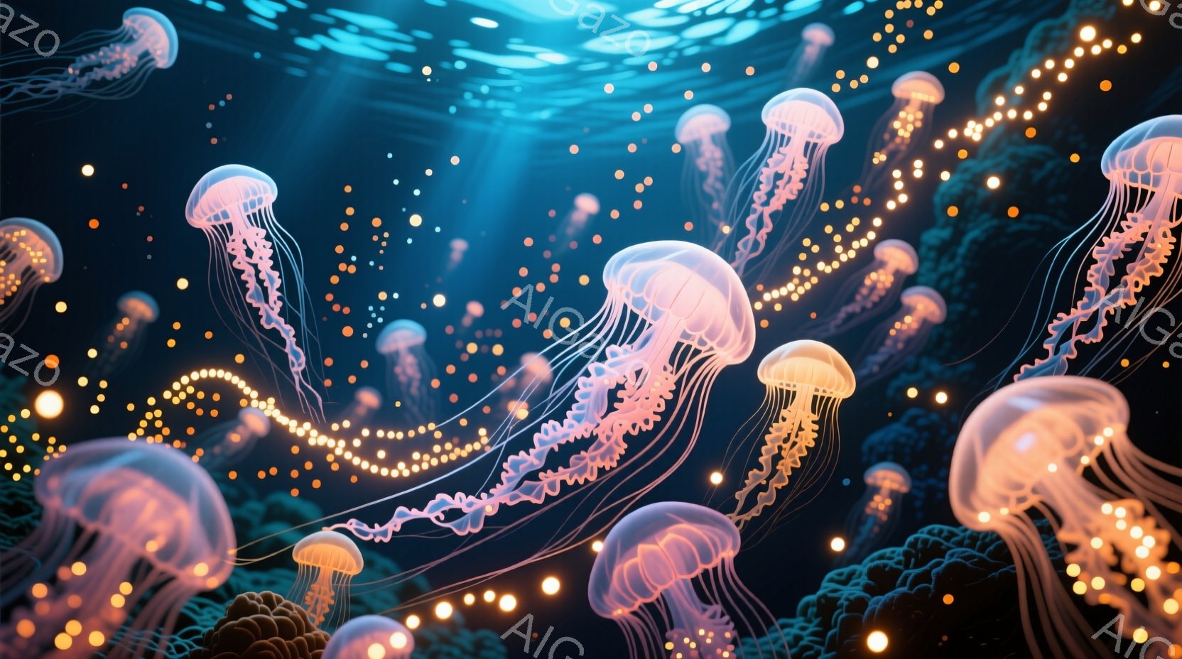 多数の淡いピンク色のクラゲが、深い青色の海中を漂っている様子が描かれている。クラゲの繊細な触手が光り輝き、まるで星屑のような幻想的な雰囲気を醸し出している。背景には、ぼんやりとした緑色の海藻が見え、全 - AI生成フリー素材