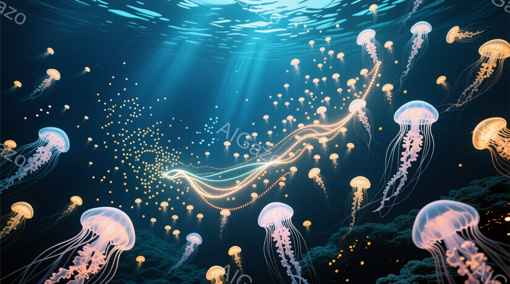 深く暗い海中に、多数のクラゲが漂っている様子が描かれている。クラゲはオレンジ色や淡いピンク色をしており、長い触手が優雅に波打っている。背景には光の筋が差し込み、神秘的で幻想的な雰囲気を醸し出している。