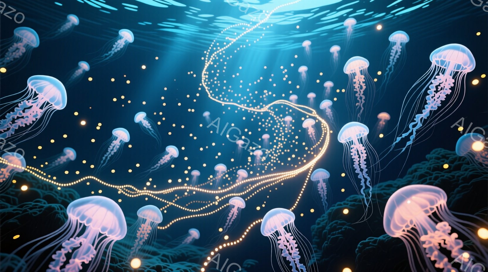 鮮やかな青色の背景に、多数のクラゲが漂っています。クラゲは半透明で、内部に光を灯しており、まるで幻想的な生き物のように見えます。背景には、暗い海藻や、細い光の線が点在し、神秘的で静謐な雰囲気を醸し出しています。