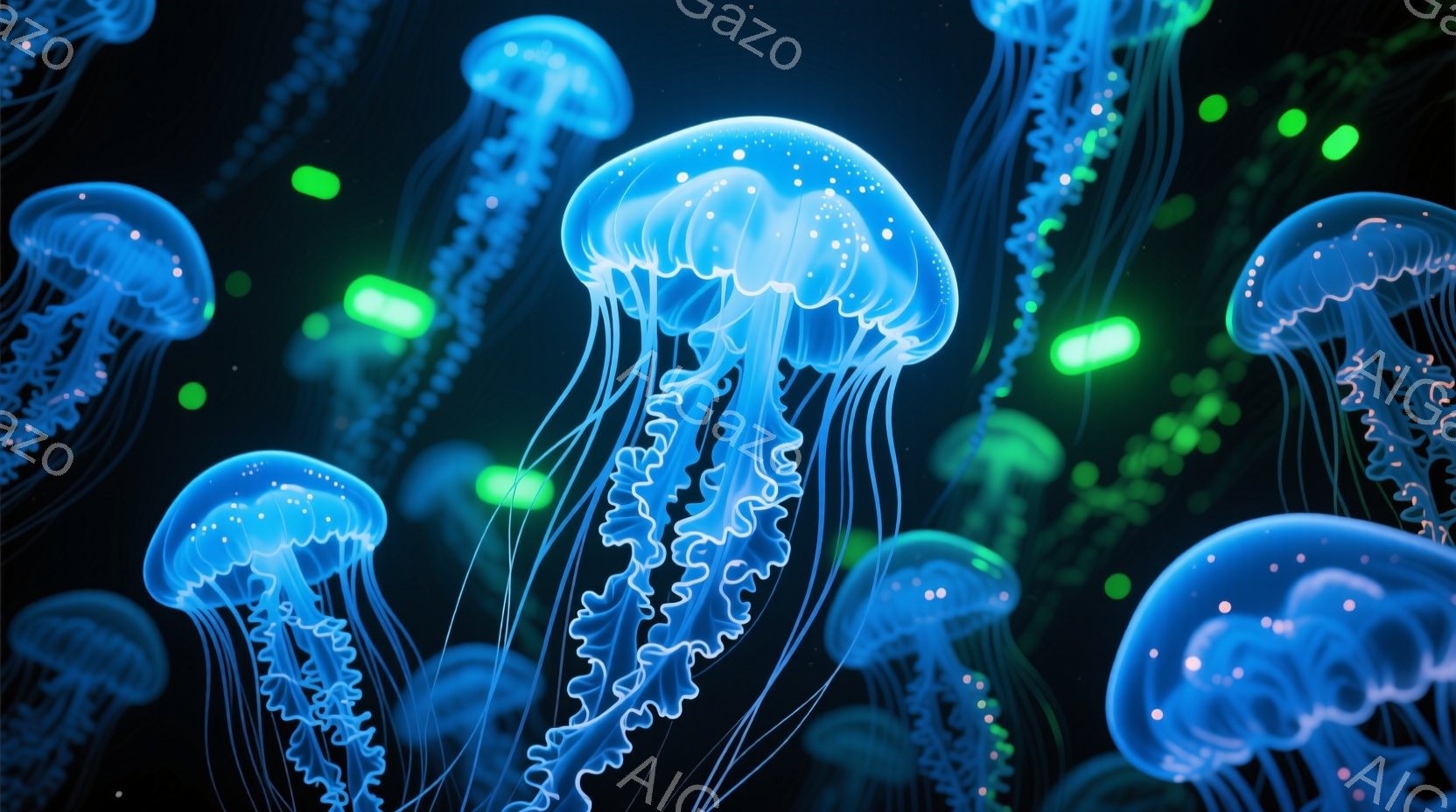深い暗闇の中に、発光するクラゲが多数浮かんでいる様子が描かれています。クラゲは半透明で、青と白の美しいグラデーションを描き、繊細な触手が優雅に広がっています。背景は漆黒で、わずかに緑色の光点が散りばめられ、幻想的な水中世界を思わせます。