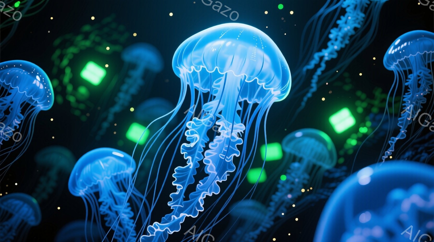 深い青色の背景に、発光するクラゲが多数漂っています。クラゲは半透明で、繊細な触手が長く伸びており、まるで幻想的な生き物のように見えます。背景には緑色の光点が散りばめられ、まるで深海の中で光るプランクト - AI生成フリー素材