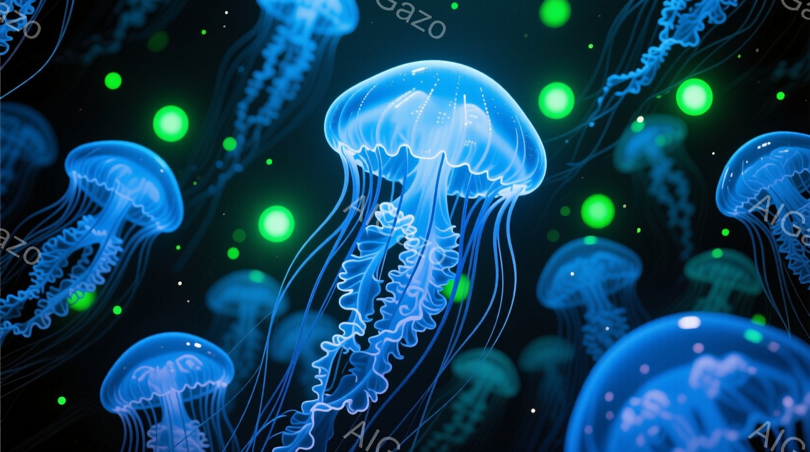 深い黒色の背景に、青く光るクラゲが多数浮かんでいます。クラゲは半透明で、繊細な触手が長く伸びており、まるで水中を漂う妖精のようです。背景には、小さく緑色の光の粒子が散りばめられ、幻想的で神秘的な雰囲気 - AI生成フリー素材