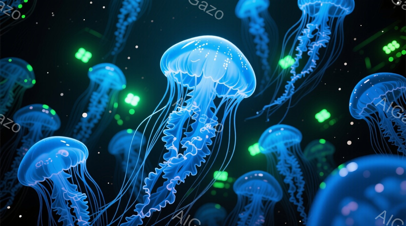 深い青色のクラゲが多数、暗い背景に浮かんでいる様子が描かれています。クラゲは半透明で、光を反射して幻想的な輝きを放っており、細部まで精巧に表現されています。背景には、ぼんやりとした緑色の光点が散らばっ - AI生成フリー素材
