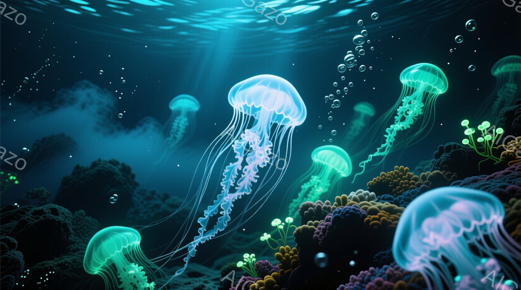 鮮やかな水中に、発光するクラゲが複数漂っている様子が描かれている。背景には、色彩豊かなサンゴ礁が広がり、まるで水中庭園のような幻想的な雰囲気を醸し出している。光の粒子が舞い、神秘的で穏やかなムードを演 - AI生成フリー素材