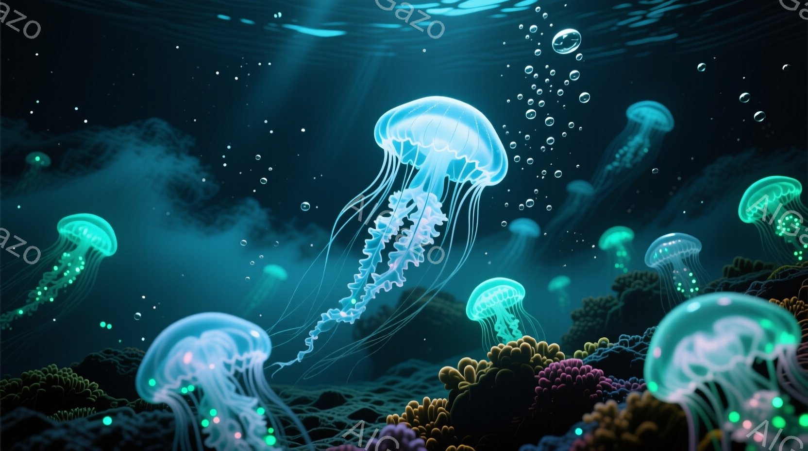深く青い海中に、多数のクラゲが漂っている様子が描かれている。クラゲは発光しており、その透き通った体が水中で美しく輝き、まるで幻想的な光のダンスのようだ。海底にはカラフルなサンゴ礁が広がり、クラゲとサン - AI生成フリー素材