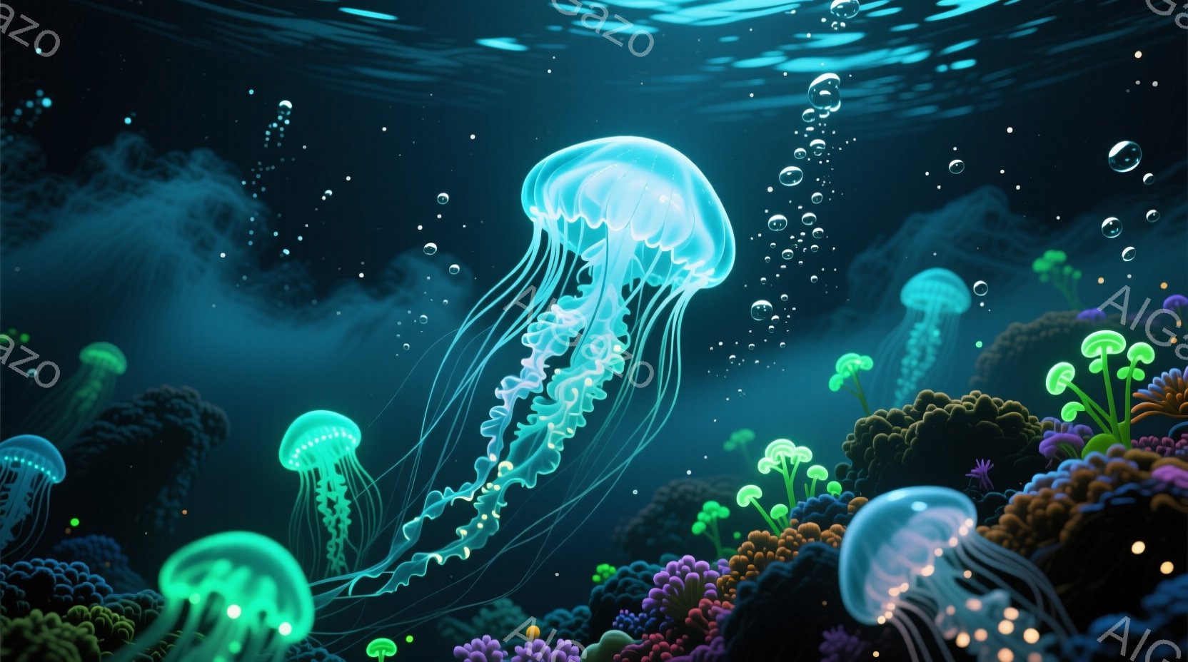 深い青色の海中に、様々な色のクラゲが漂っている様子が描かれている。カラフルな珊瑚礁が背景に広がり、まるで水中都市のような幻想的な雰囲気を醸し出している。光の粒子が舞い、神秘的で穏やかなムードを演出している。