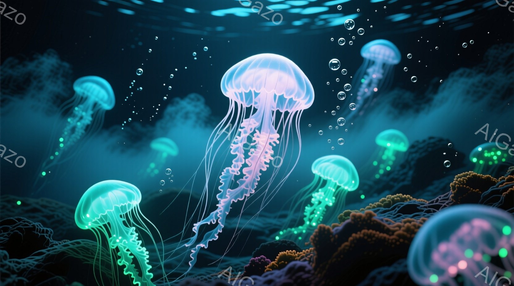 深海を思わせる青い背景の中に、発光するクラゲが多数漂っている。クラゲはピンクや緑色に光り、その半透明な傘と長い触手が優雅に揺れている。海底には、カラフルなサンゴ礁が広がり、神秘的で幻想的な雰囲気を醸し - AI生成フリー素材