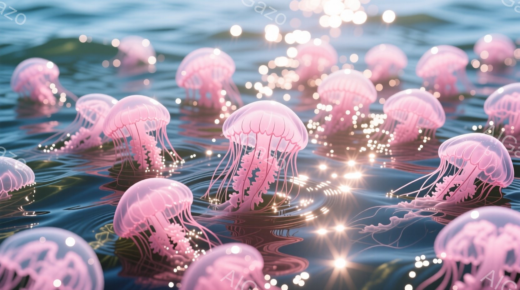 水面に浮かぶ、発光するピンク色のクラゲが多数描かれています。クラゲは半透明で、触手部分が細かく繊細に表現されており、まるで宝石のような輝きを放っています。背景は穏やかな水面で、水面には光の粒子が舞い、 - AI生成フリー素材