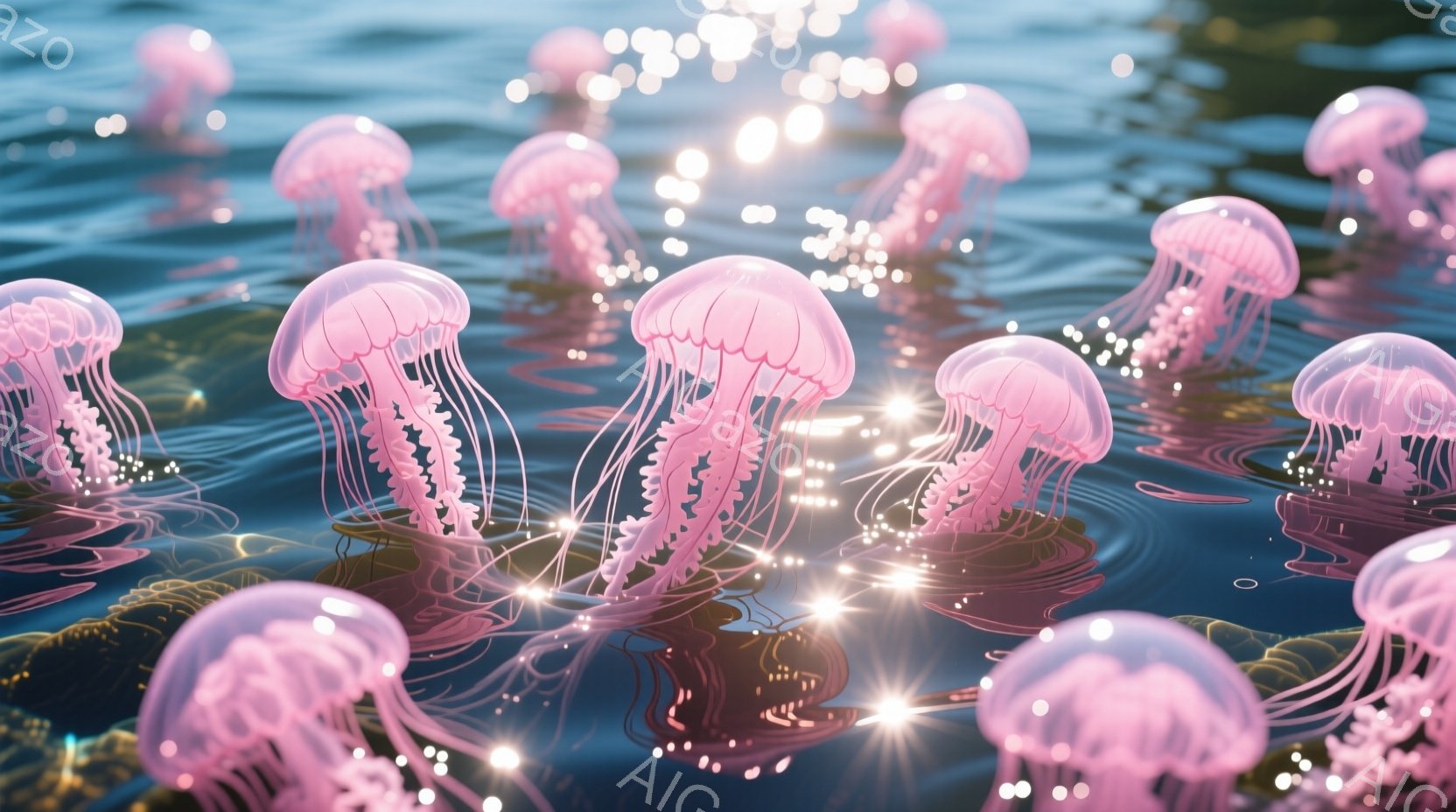 淡いピンク色のクラゲが多数、水面を漂っている様子が描かれています。クラゲは半透明で、内部に光が灯り、繊細な触手が長く伸びています。水面は穏やかで、光の粒子がキラキラと輝き、幻想的な雰囲気を醸し出してい - AI生成フリー素材