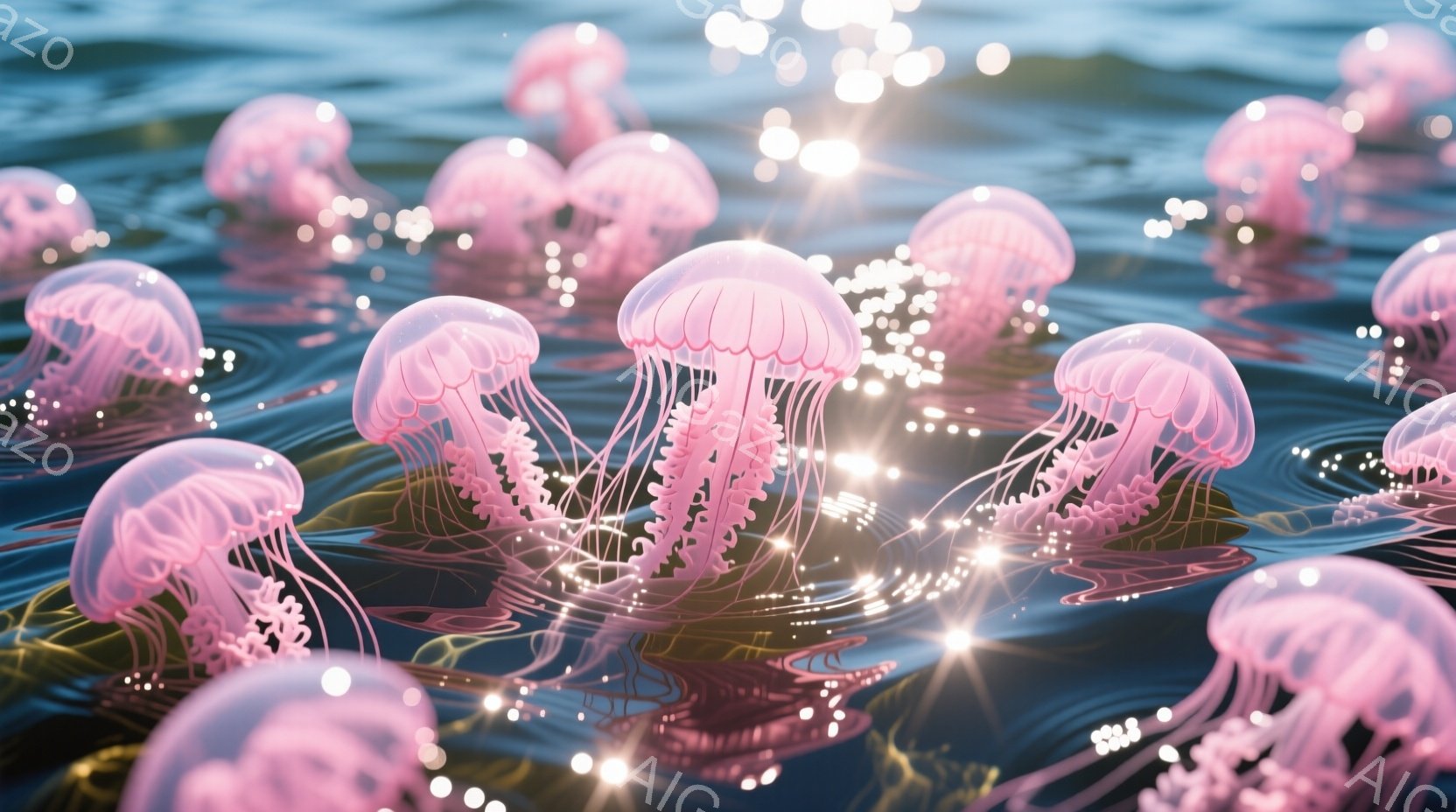 多数の淡いピンク色のクラゲが水面を漂っている様子が描かれています。クラゲは半透明で、触手は細かく波打ち、まるで光の糸のようです。水面にはキラキラと輝く光の粒子が散りばめられ、幻想的で穏やかな雰囲気を醸 - AI生成フリー素材
