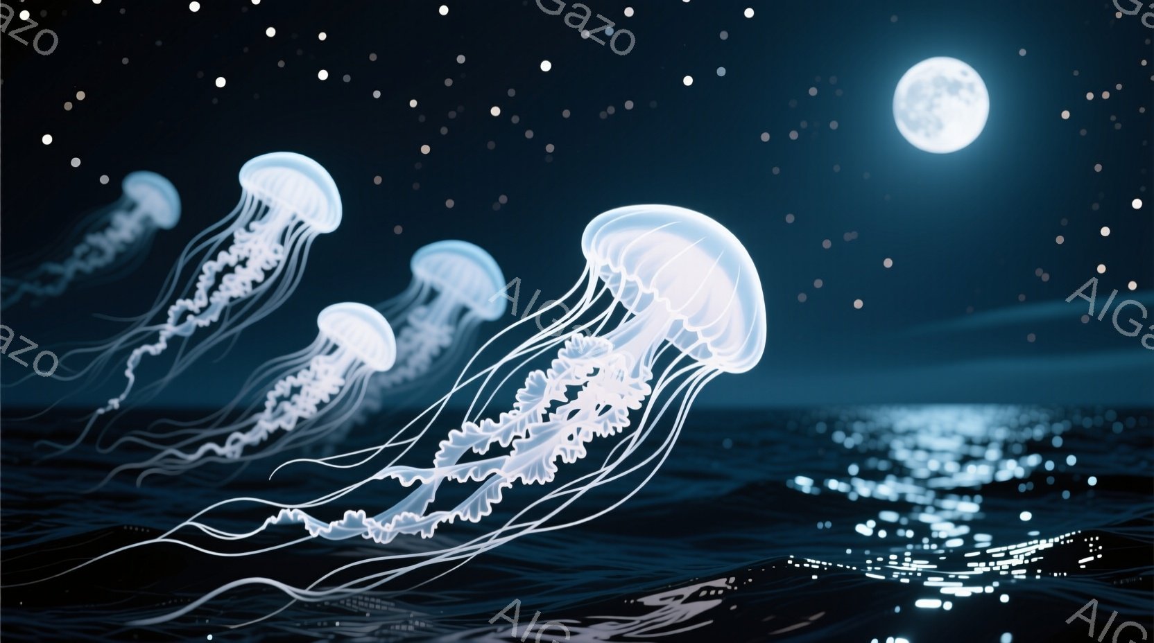 深い青色の海面に、発光するクラゲが複数浮かび、まるで夜空の星屑のようである。遠方には光り輝く都市の明かりが見え、月が雲間から照らし出され、幻想的な雰囲気を醸し出している。波は穏やかで、静謐な夜の海を表 - AI生成フリー素材