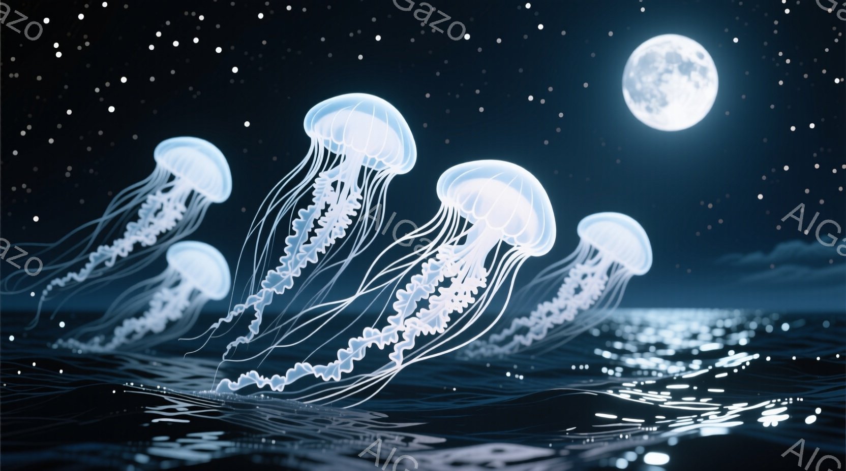 夜の海に、ぼんやりと光るクラゲが複数漂っている。月明かりが水面を照らし、波にキラキラとした光の筋が反射している。静かで幻想的な雰囲気で、まるで夢の中にいるようだ。 - AI生成フリー素材
