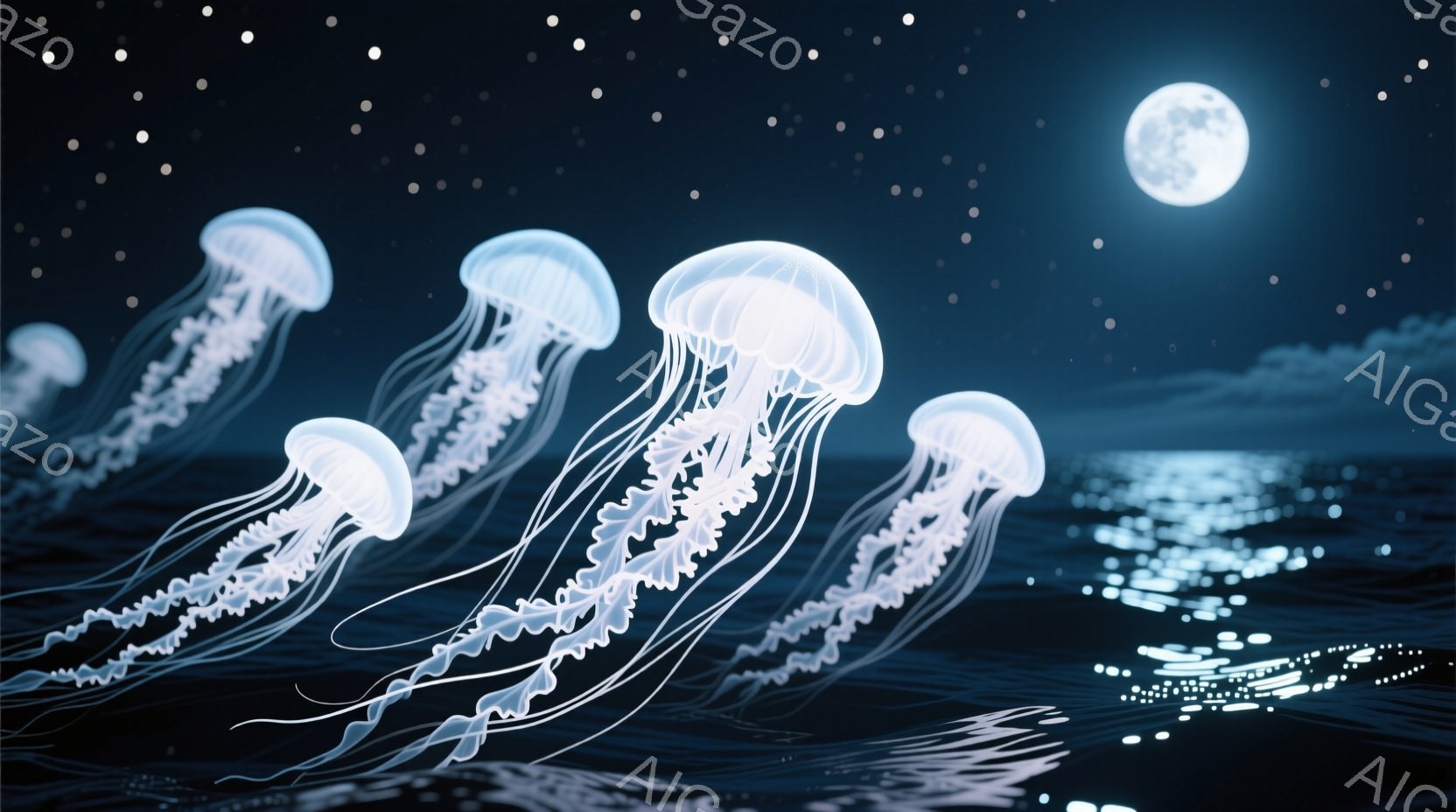 深い青色の海面に、発光するクラゲが複数漂っている様子が描かれている。満月が海面に反射し、キラキラと輝き、星空と相まって幻想的な雰囲気を醸し出している。クラゲは繊細な触手を長く伸ばし、優雅に水中を舞っている。