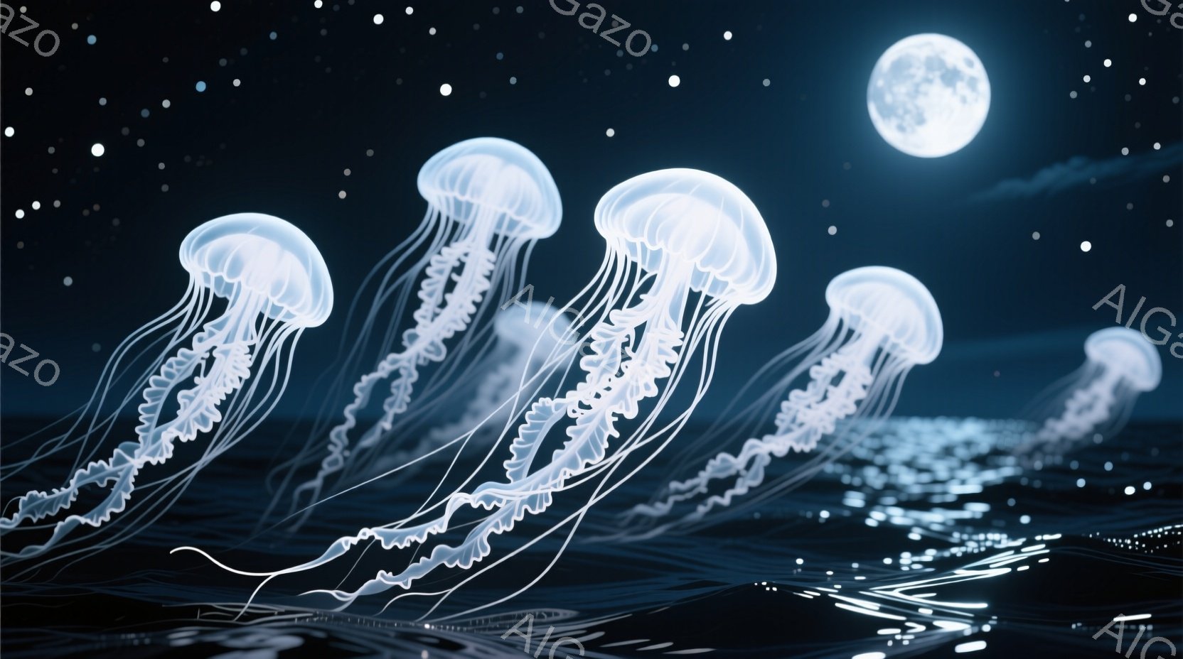 深い青色の海面に、発光するクラゲが複数浮かんでいます。月の光が海面を照らし、クラゲの繊細なシルエットと、その下の波紋を強調しています。夜空には星が散りばめられ、幻想的で静謐な雰囲気を醸し出しています。 - AI生成フリー素材