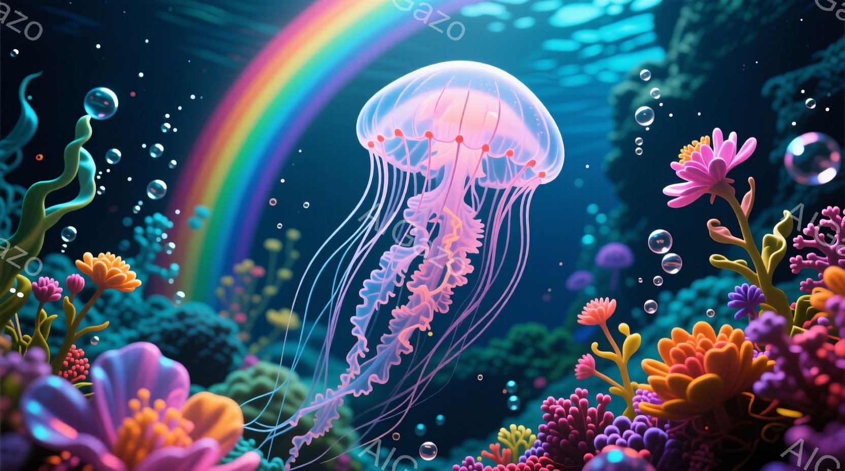 海洋の景色を表しており、中央に大きなオオツナデリックが描かれています。その周りには多くの色鮮やかな熱帯魚が浮遊しており、水中の微小な気泡が点在しています。背景は海洋の深海であり、明るく鮮やかな色彩が特徴的です。画像全体としては、美しく絶大なカラフルさが感じられるアートワークです。