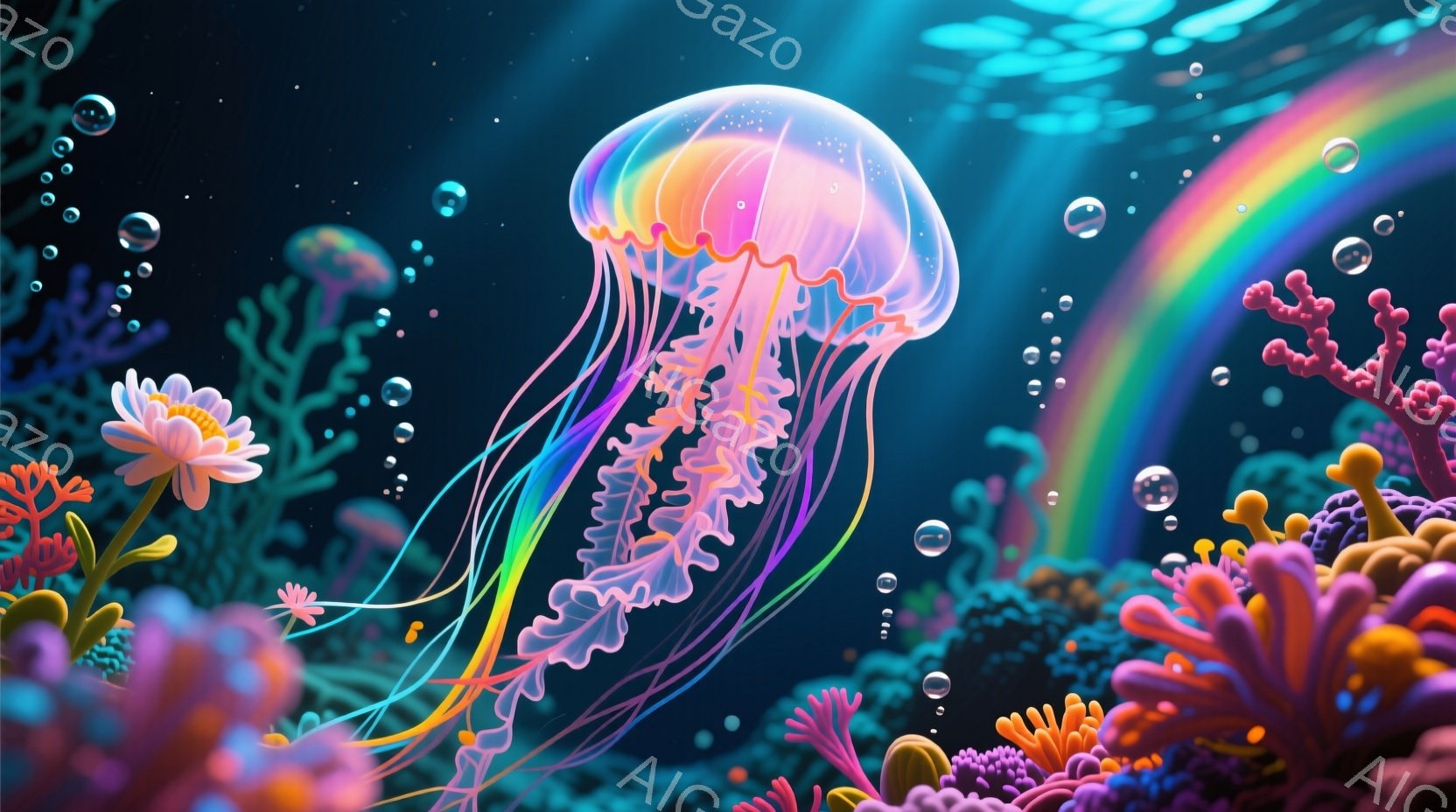 明るい色彩の海中を、虹色の触手を持つクラゲが漂っている。背景には色とりどりのサンゴ礁や水草が茂り、小さな泡が浮かび、幻想的な雰囲気を醸し出している。全体的に鮮やかで夢のような、海底世界の美しさを表現し - AI生成フリー素材