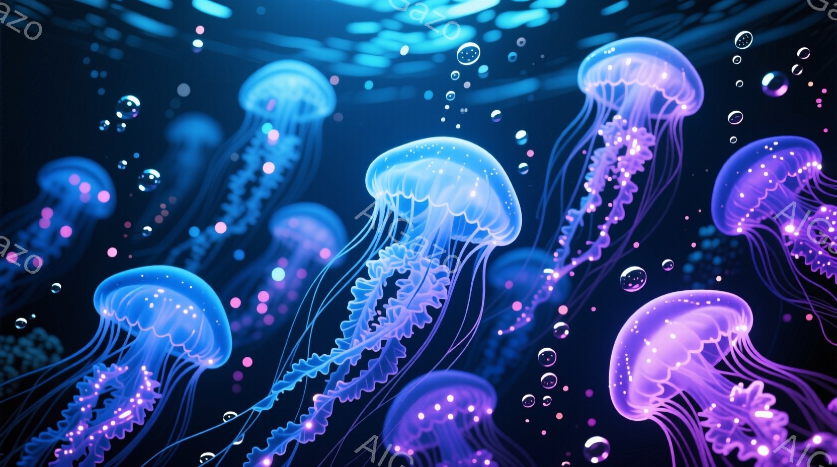 深い青色の背景に、発光するピンクと紫色のクラゲが多数浮かんでいます。クラゲは半透明で、触手は長く、光り輝く小さな粒子で飾られています。全体的に幻想的で、水中の神秘的な雰囲気を醸し出しています。 - AI生成フリー素材