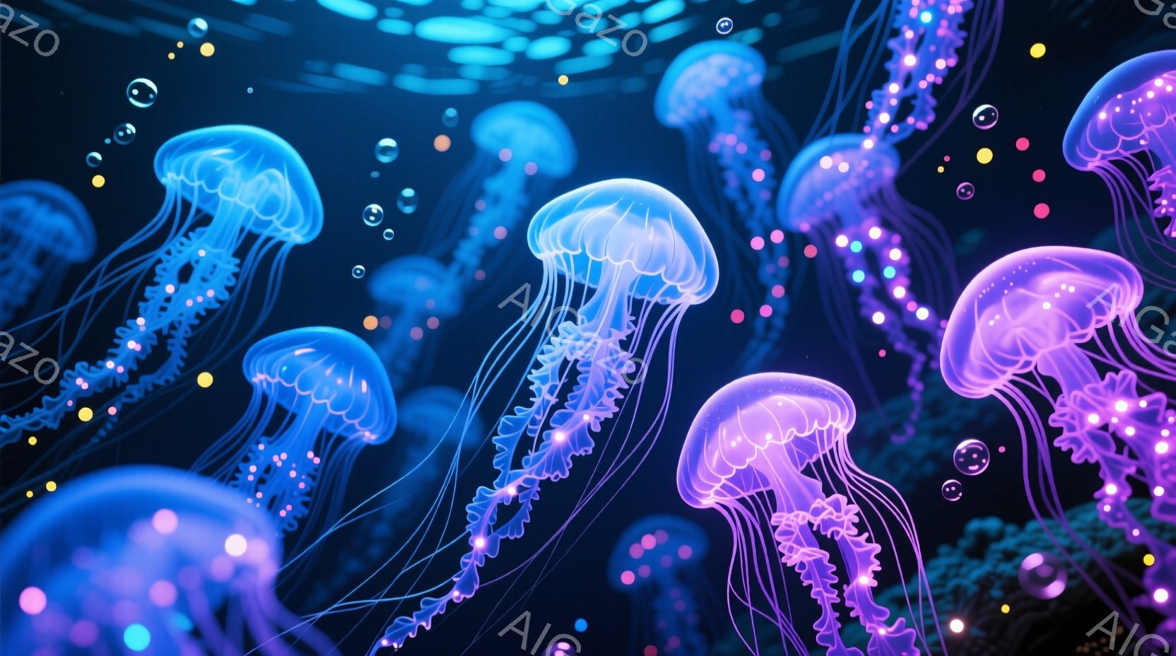 深い青色の背景の中に、発光する水母が多数漂っています。水母はピンク、紫、水色のグラデーションで、触手は繊細に描かれており、まるで宝石のように輝いています。背景には小さな光の粒子が散りばめられており、幻想的で神秘的な雰囲気を醸し出しています。