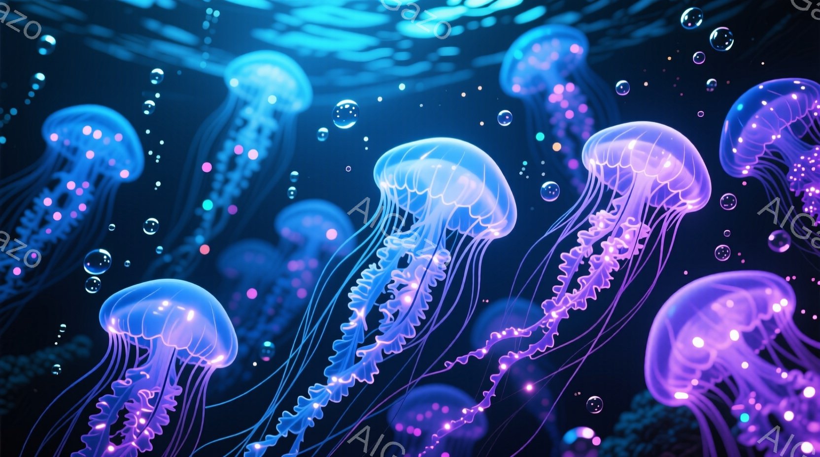 深い青色の背景に、発光するピンクと紫色のクラゲが多数漂っている。クラゲの傘の部分は半透明で、触手は長く複雑な形をしており、小さな光の粒子が散りばめられている。全体的に幻想的で神秘的な雰囲気を醸し出しており、まるで深海にいるような感覚を覚える。
