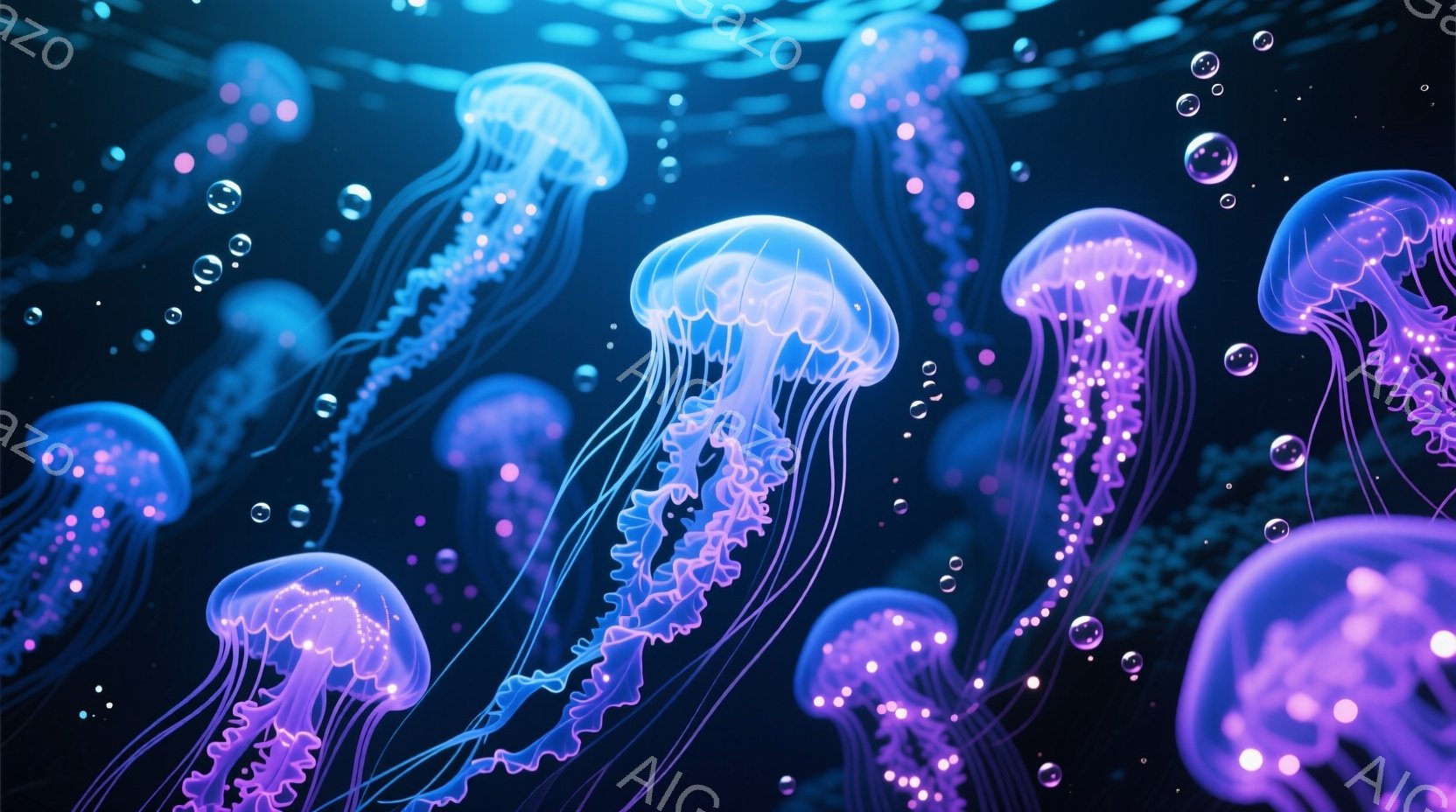 深い青色の背景に、複数の発光するクラゲが漂っています。クラゲはピンクと紫の色調で、透明感があり、細長い触手が優雅に広がっています。背景には小さな光の粒子が散りばめられ、幻想的で神秘的な雰囲気を醸し出しています。