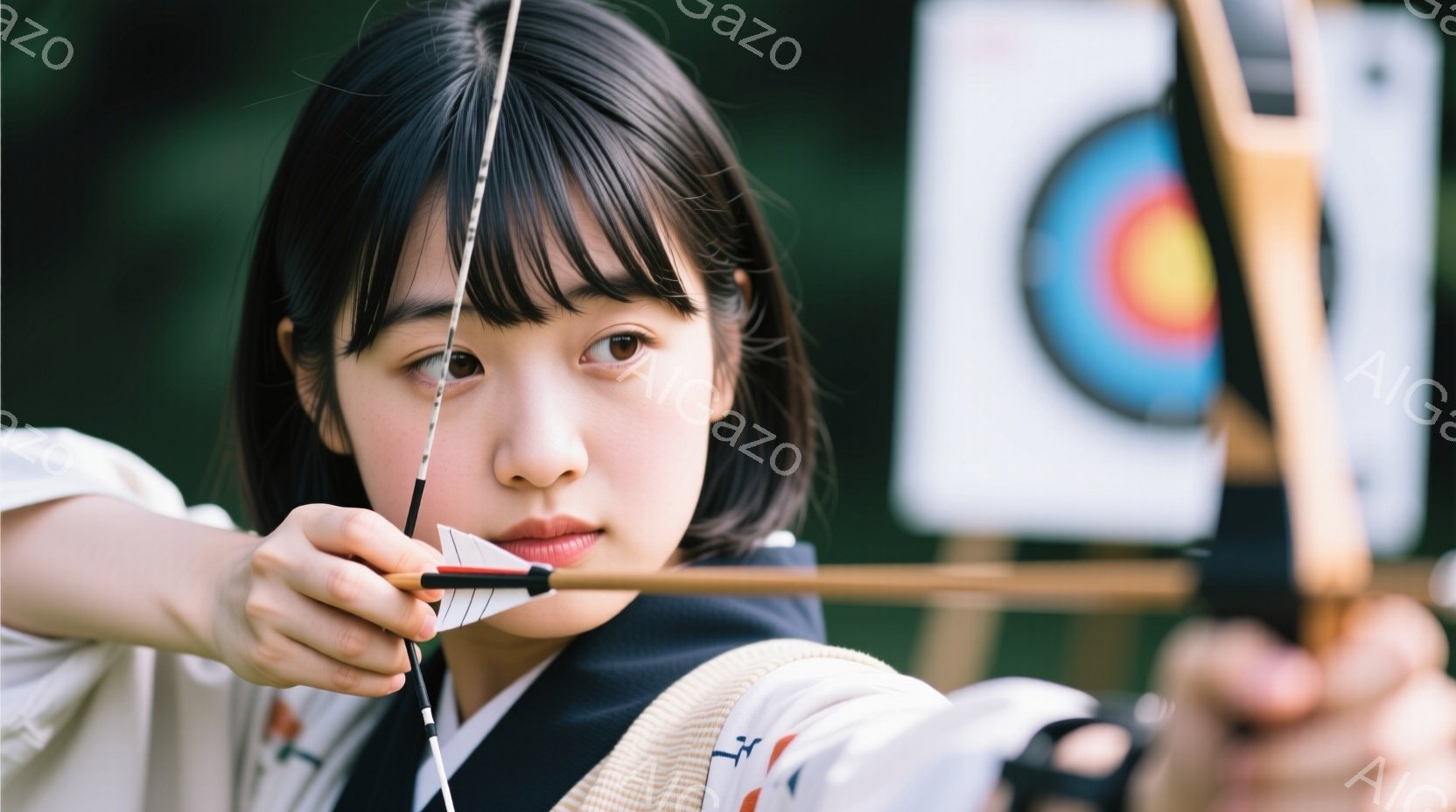 この女性は弓矢の構えをしており、集中した表情で矢を狙っています。紺色の着物に白い袖と赤いアクセントがあり、短い黒髪は顔にかかるようにカットされています。背景にはターゲットと木々が見え、晴れた日の屋外で - AI生成フリー素材