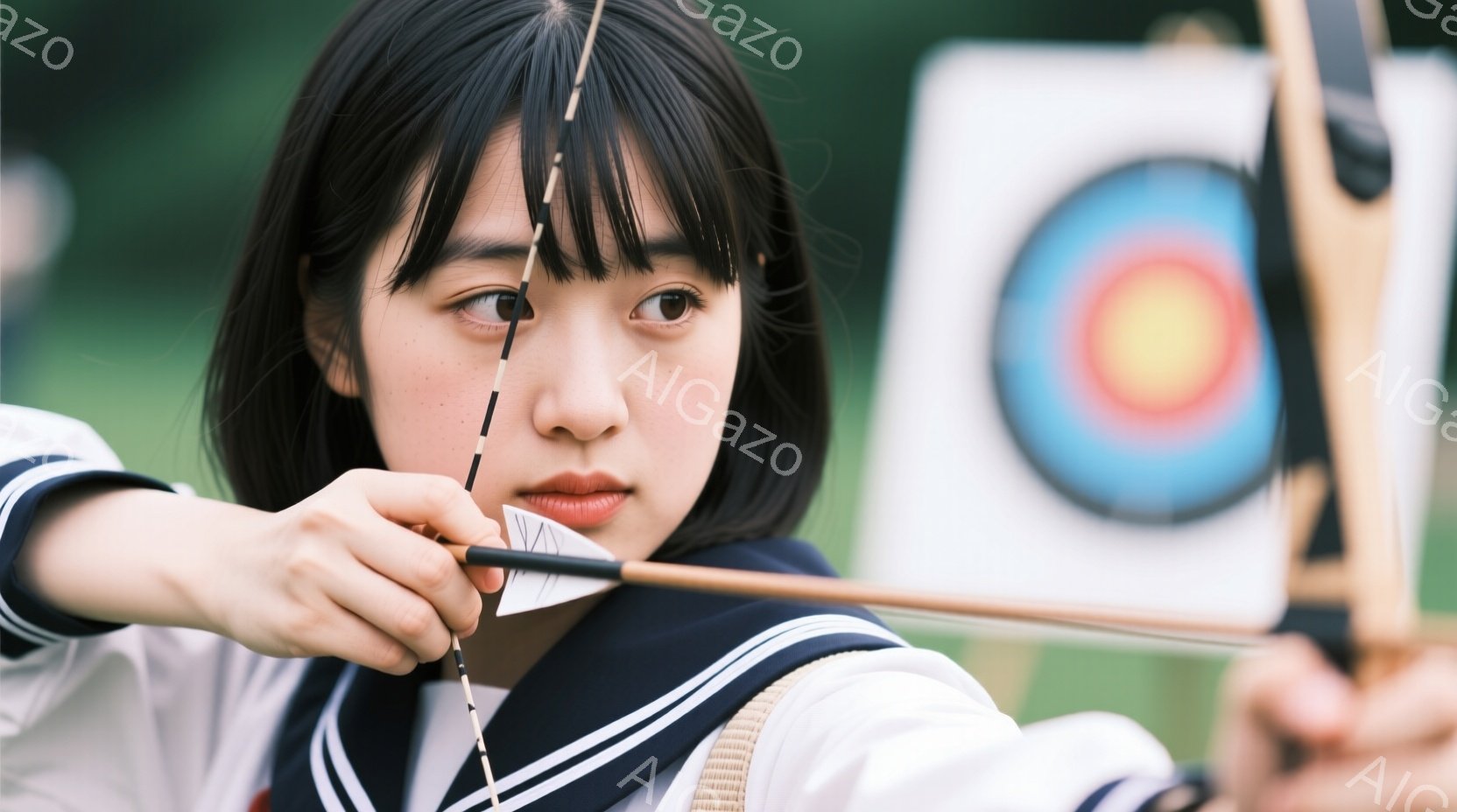 短い黒髪の女性が弓を持ち、照準を定めている。彼女はセーラー服を着ており、真剣な表情で集中している様子が伺える。背景にはターゲットと緑豊かな自然が広がり、晴れた日のアーチェリーの練習風景を表している。