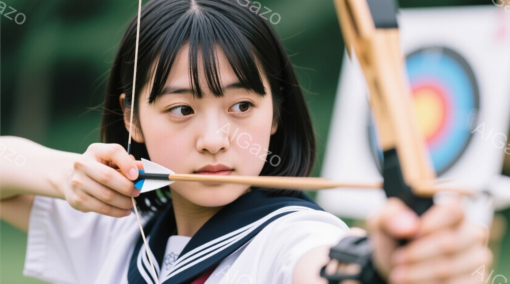 制服を着た若い女性が弓矢を構えている姿が写っています。彼女は黒髪のショートヘアで、集中した表情で標的を見つめています。背景には緑豊かな草地とアーチェリーのターゲットがあり、晴れた日の屋外での活動を示唆 - AI生成フリー素材