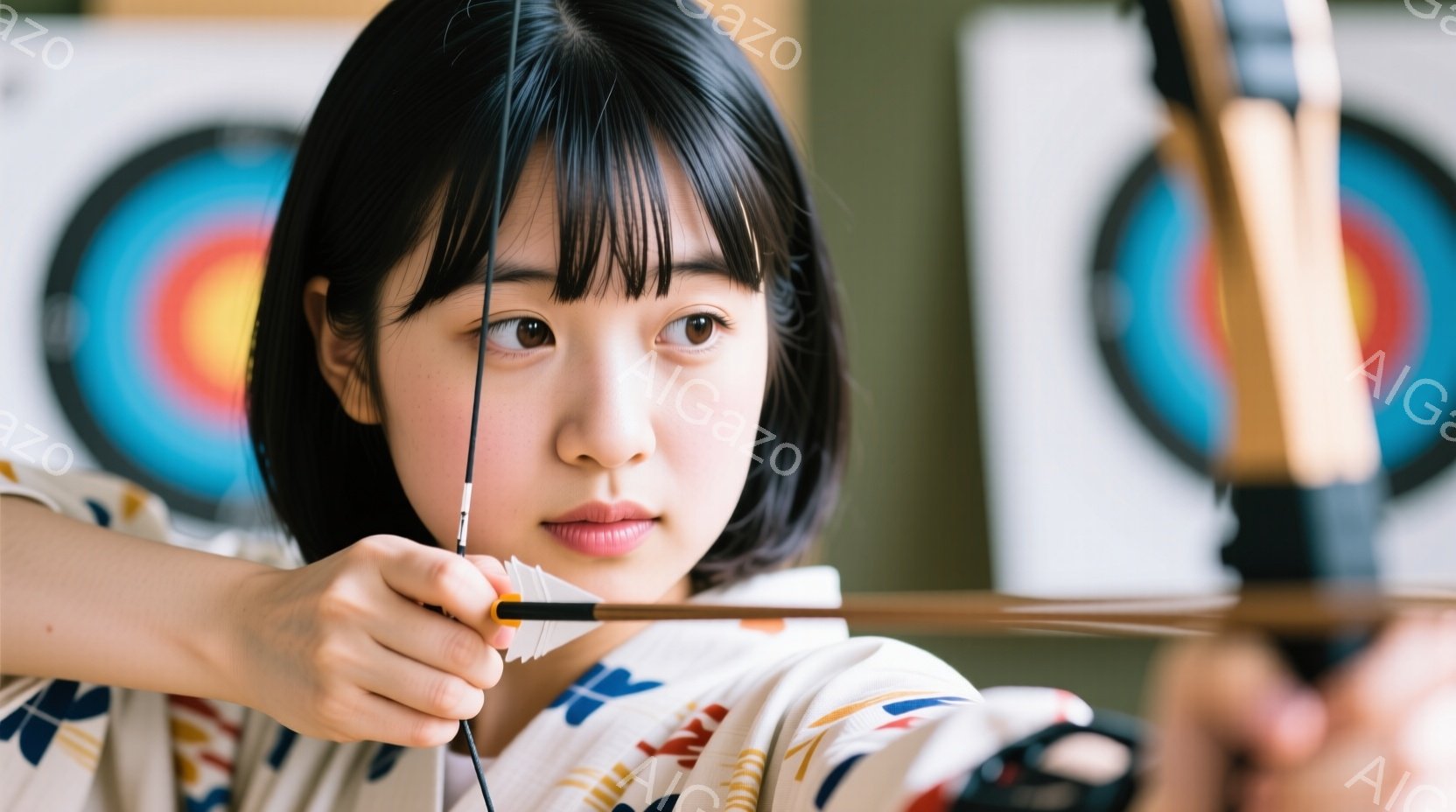 浅黒い髪を肩まで伸ばした若い女性が、弓矢の構えをとっています。白い地に赤や青の模様が入った、ゆったりとした着物のような服を着ており、集中した表情で矢をつがえています。背景にはターゲットがいくつか見え、室内でアーチェリーの練習をしている様子がうかがえます。