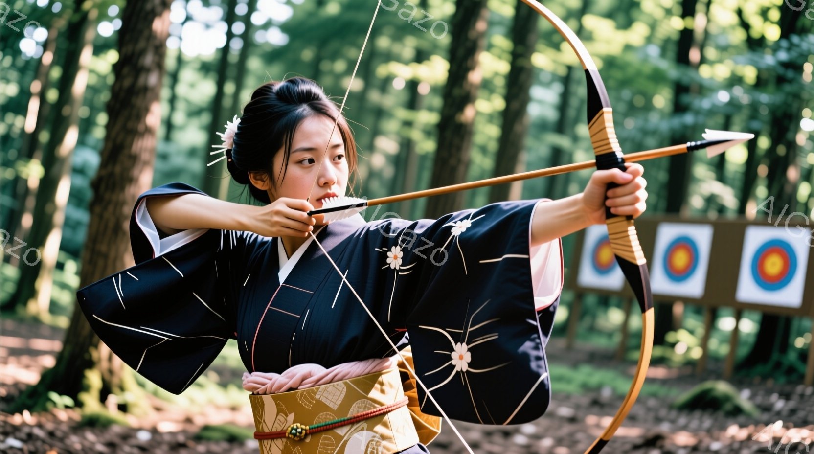 濃い藍色の着物に黄色い帯を締めた女性が弓を構えている。髪は後ろでまとめられ、かんざしが飾られている。背景には標的と木々があり、晴れた日の森林の雰囲気を感じさせる。