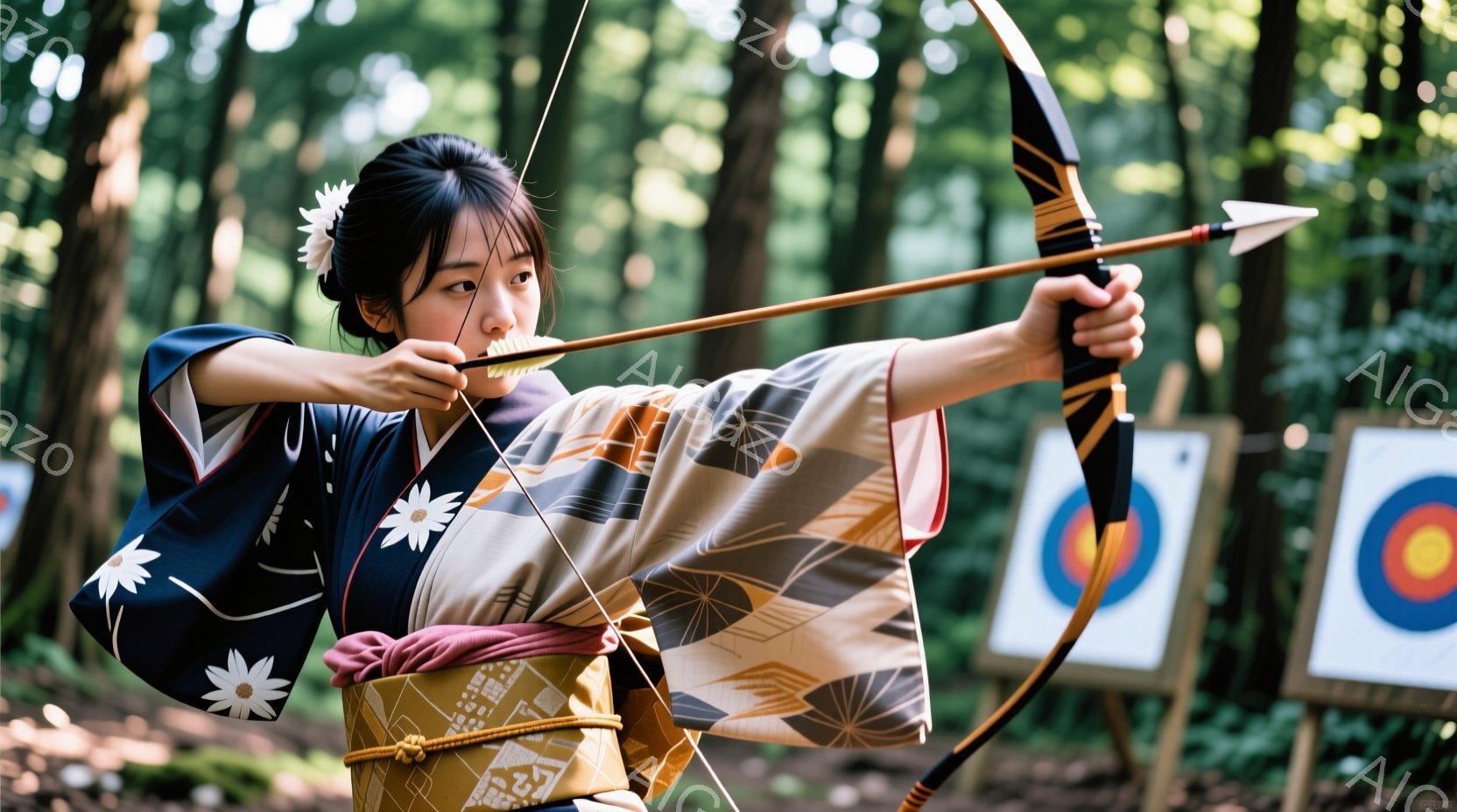 紺色の着物に白い花柄が散りばめられ、ベージュ色の帯を締めた女性が弓を構えている。彼女は黒髪を後ろでまとめ、集中した表情で標的を見据えている。背景には緑豊かな木々と射撃の標的があり、晴れた日の自然の中で行われる伝統的な弓道の様子を捉えている。