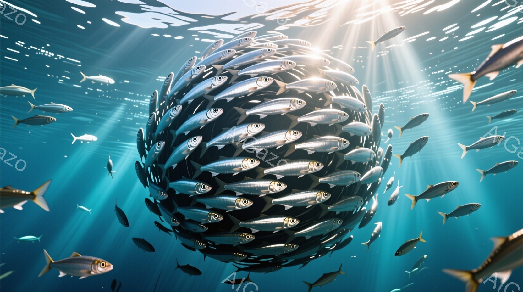 多数の魚が密集して球状の群れを形成している様子が描かれています。太陽光線が水面から差し込み、水中の魚の群れを照らし出しており、幻想的な雰囲気を醸し出しています。背景は青く広がり、水中の透明感と、魚の銀 - AI生成フリー素材